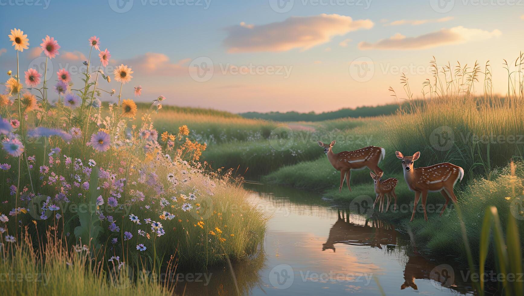 Deer Family Standing Beside Stream Amidst Colorful Meadow Flowers photo
