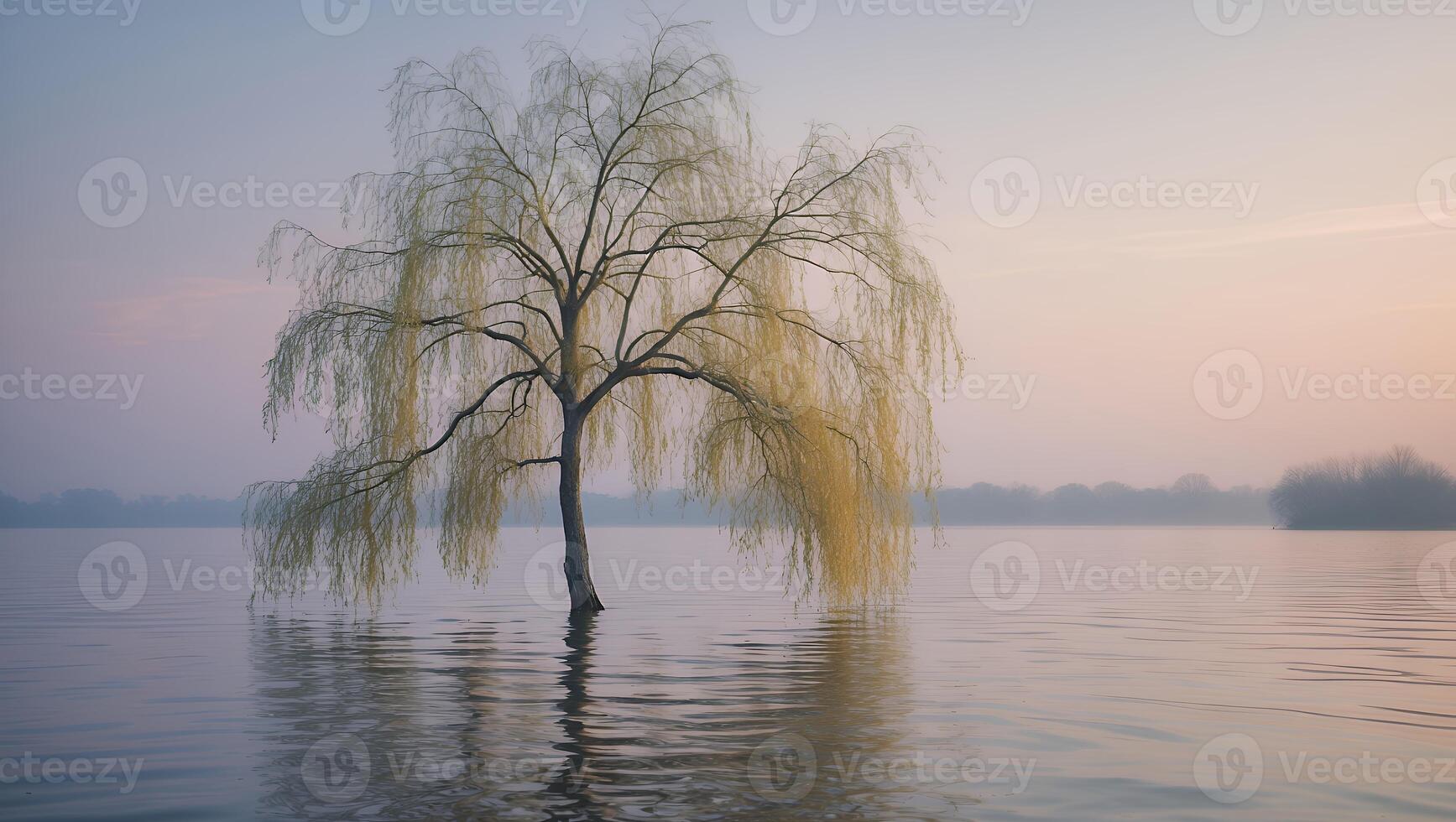 Willow Tree Standing in Calm Water at Dusk with Soft Sky photo