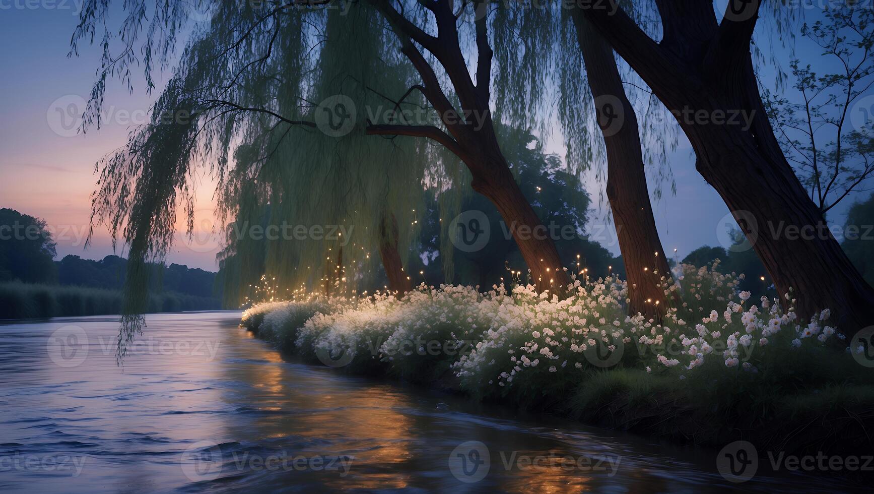 River Flowing by Trees with White Flowers at Sunset Calm photo