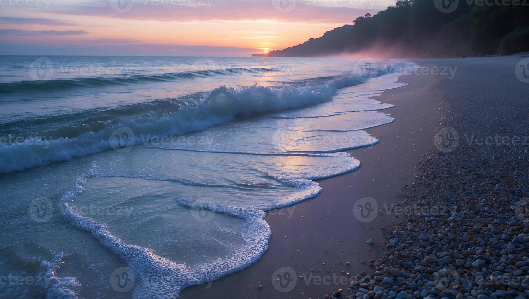 Gentle Waves Crashing on Shoreline at Dawn with Soft Sky photo