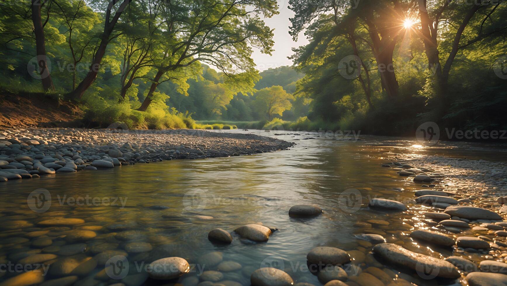 Tranquil River Flowing Through Lush Green Forest with Sunlight photo