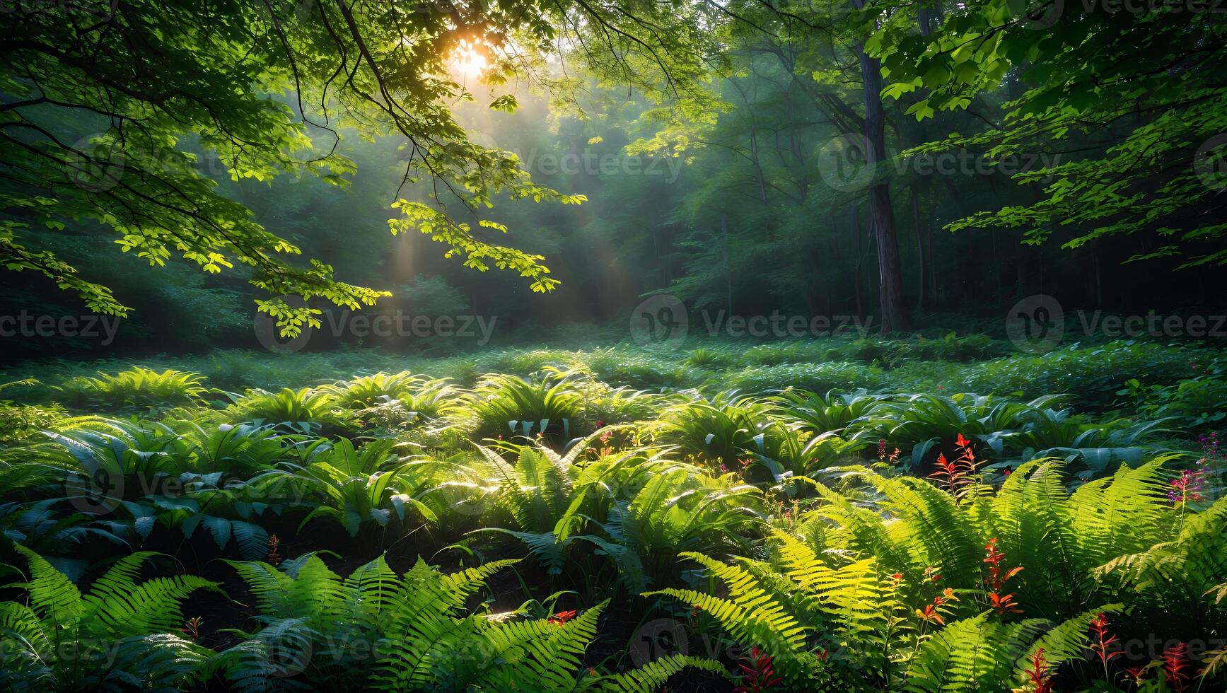 Sunlight Streaming Through Dense Forest Canopy Illuminating Fern Covered Ground photo