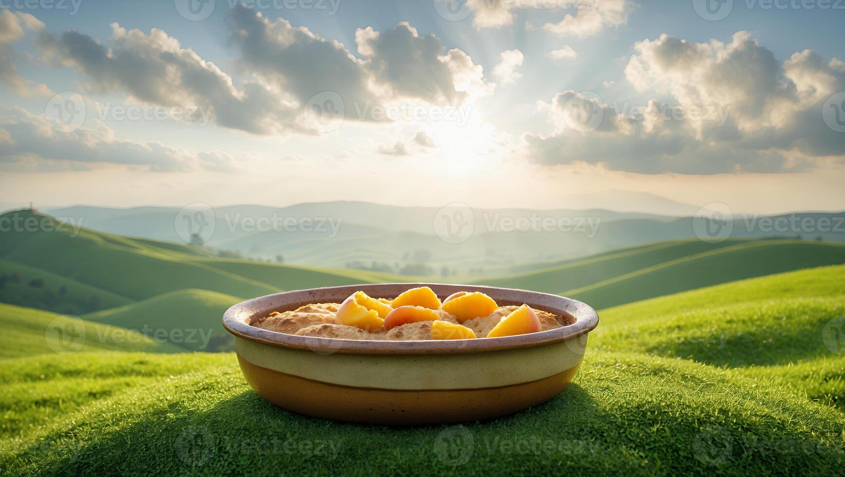 Cobbler Dessert Baking on Green Grass with Rolling Hill View photo