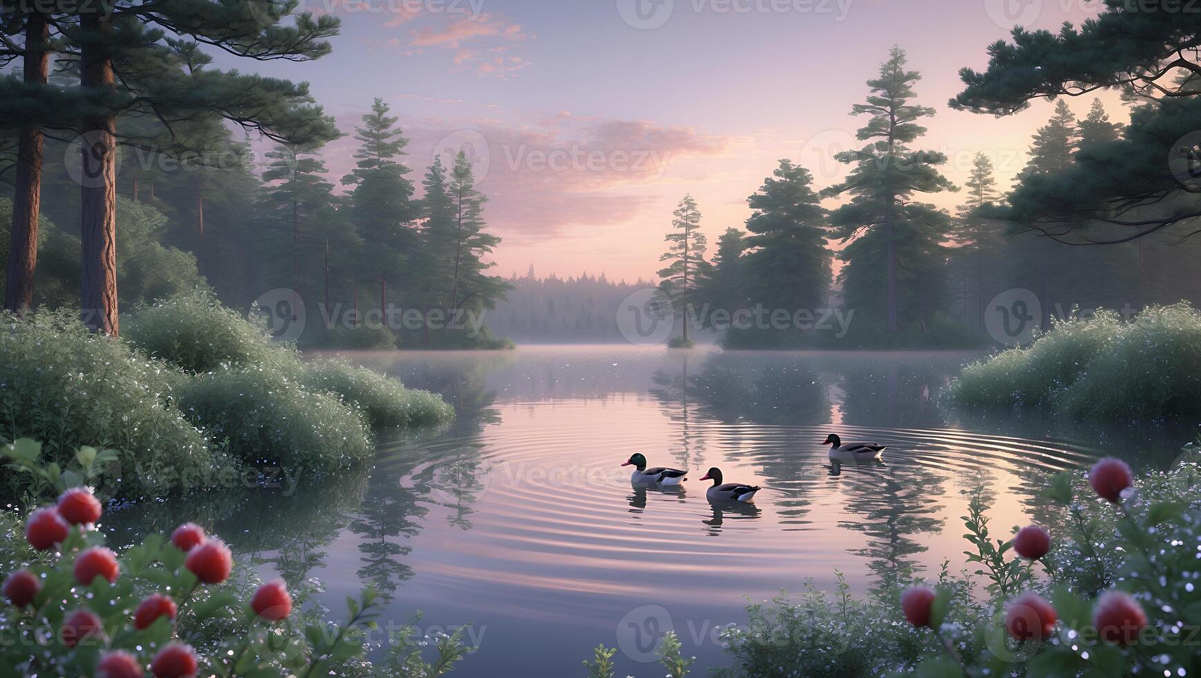 Ducks Swim on Calm Lake Surrounded by Forest and Wildflowers photo