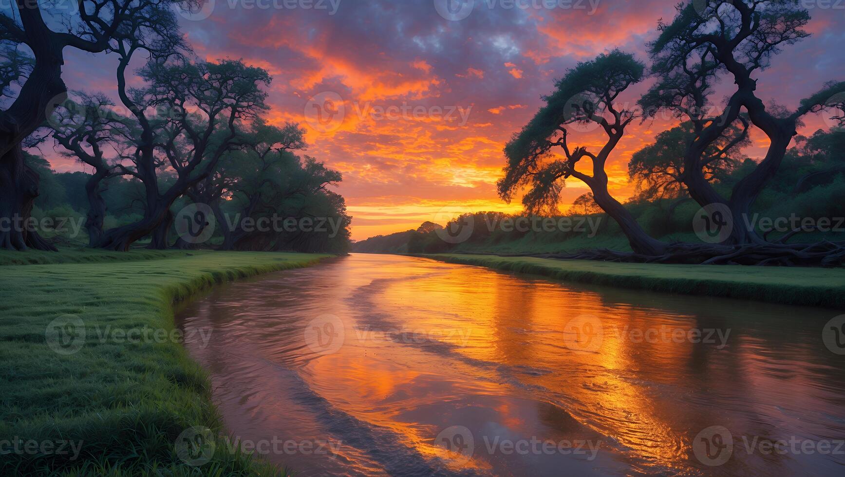 River Flowing Through Scenic Landscape During a Fiery Sunset photo