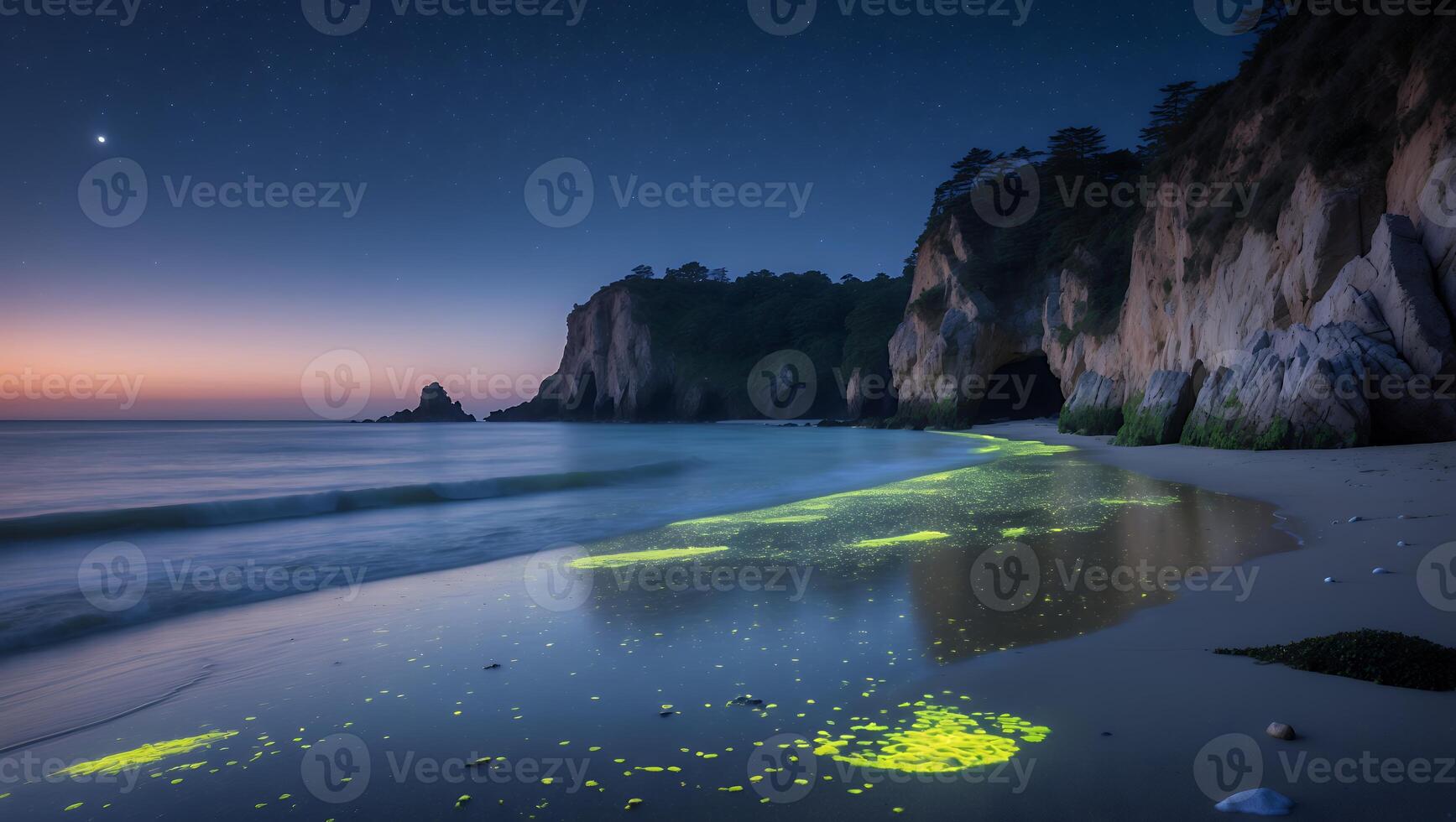Night Beach with Bioluminescence Glowing on Sand and Coastal Cliffs photo