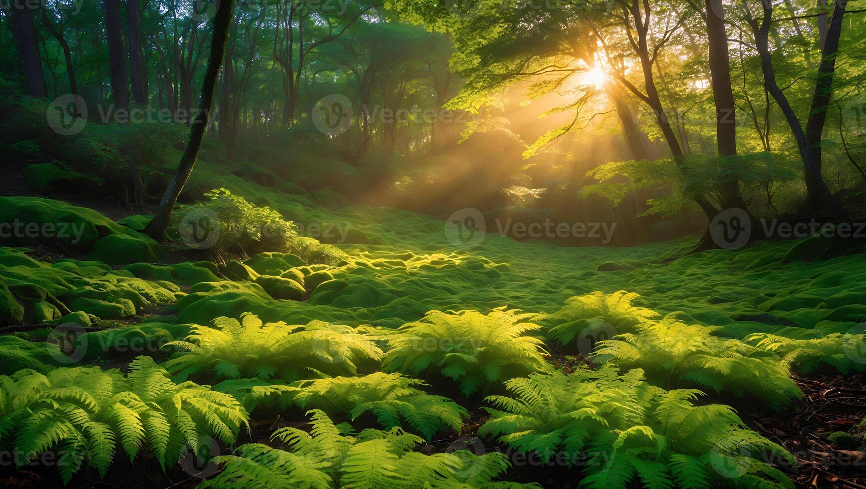 Sunlight Streaming Through Green Forest with Mossy Fern Covered Ground photo