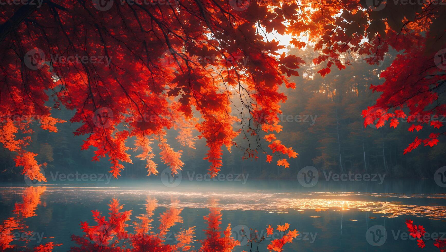 Autumn Red Leaves Framing Tranquil Lake with Mist and Reflections photo