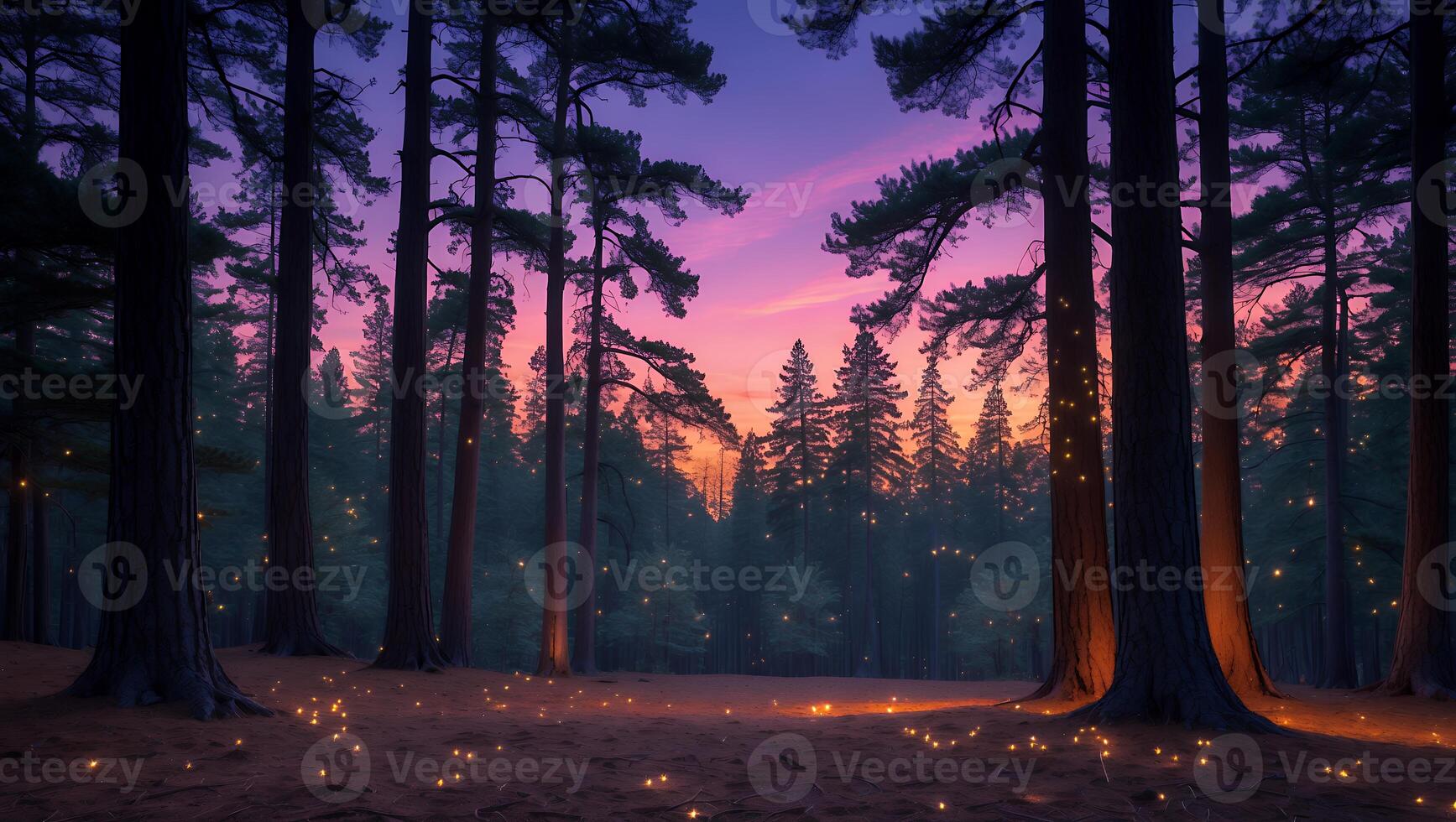 Walking Through Forest at Twilight with Fireflies and Colorful Sky photo