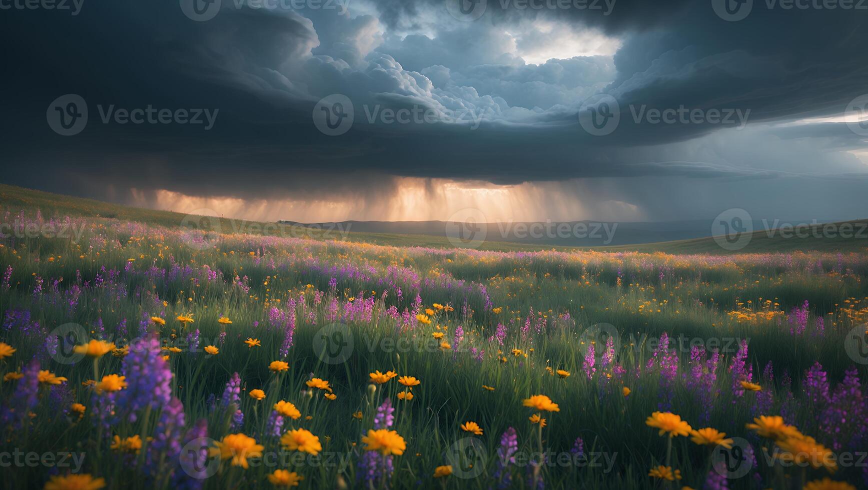 Wildflower Meadow Under Stormy Sky with Rain and Sunlight Breaking Through photo