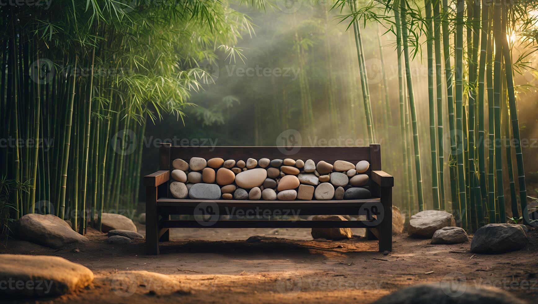 Bench with Stones Against Bamboo Forest with Light Rays Nature photo