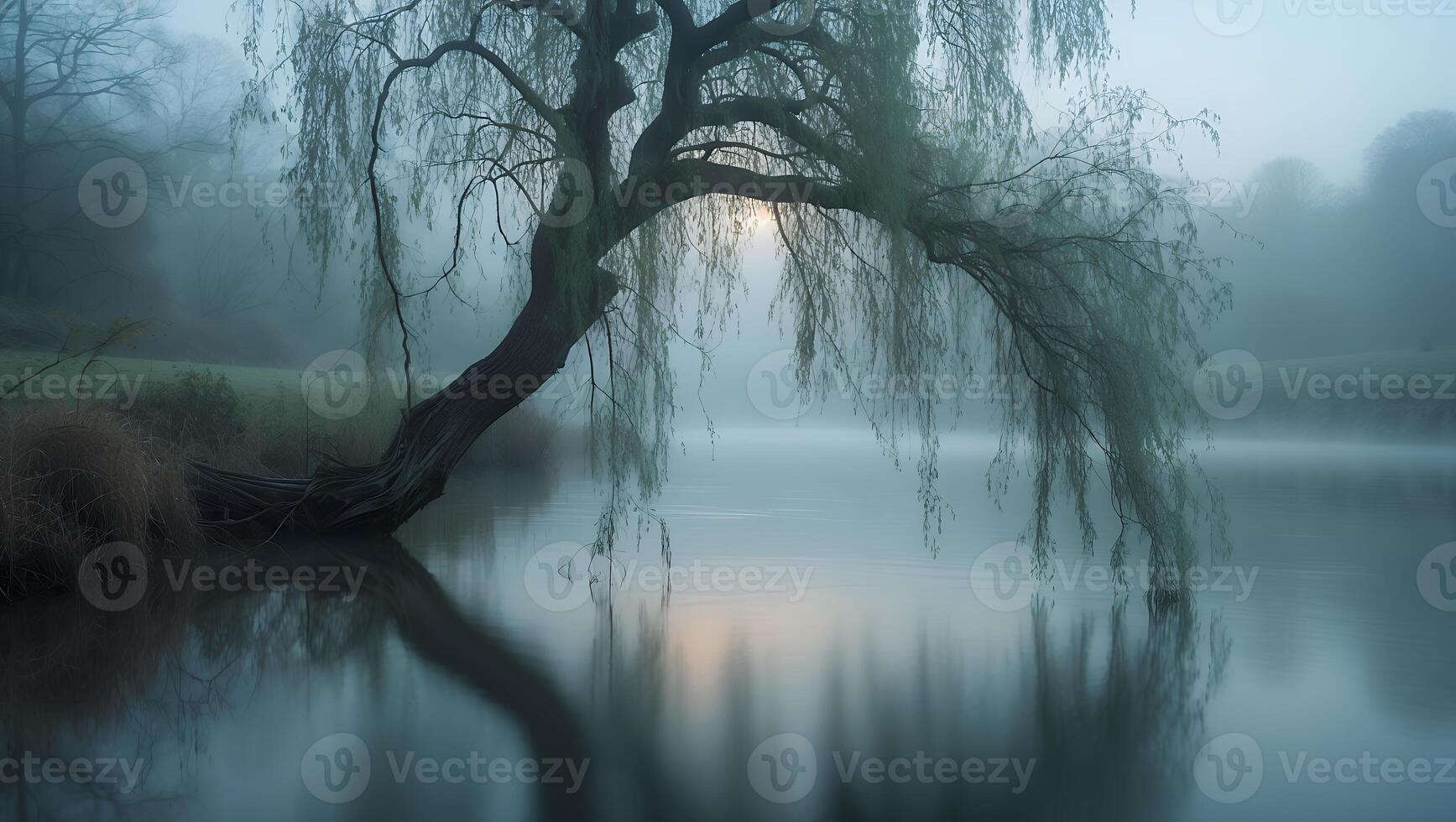 Willow Tree Overhanging Calm Lake with Foggy Mystical Atmosphere photo