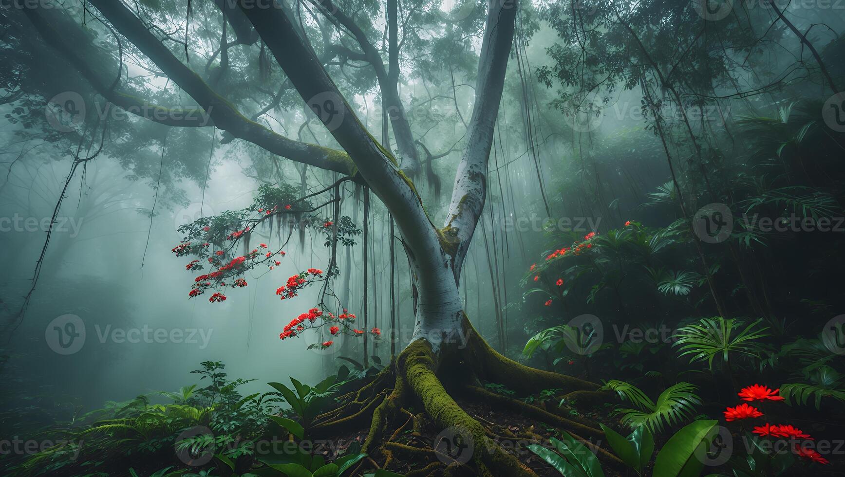 Lush Forest with Vibrant Red Flowers in a Mysterious Foggy Setting photo