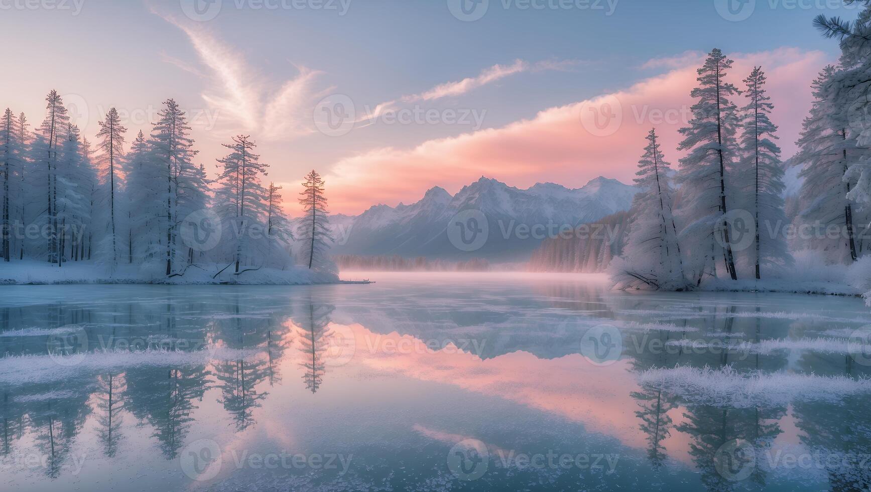 Frozen Lake Reflecting Snowy Trees and Mountains at Winter Dawn photo