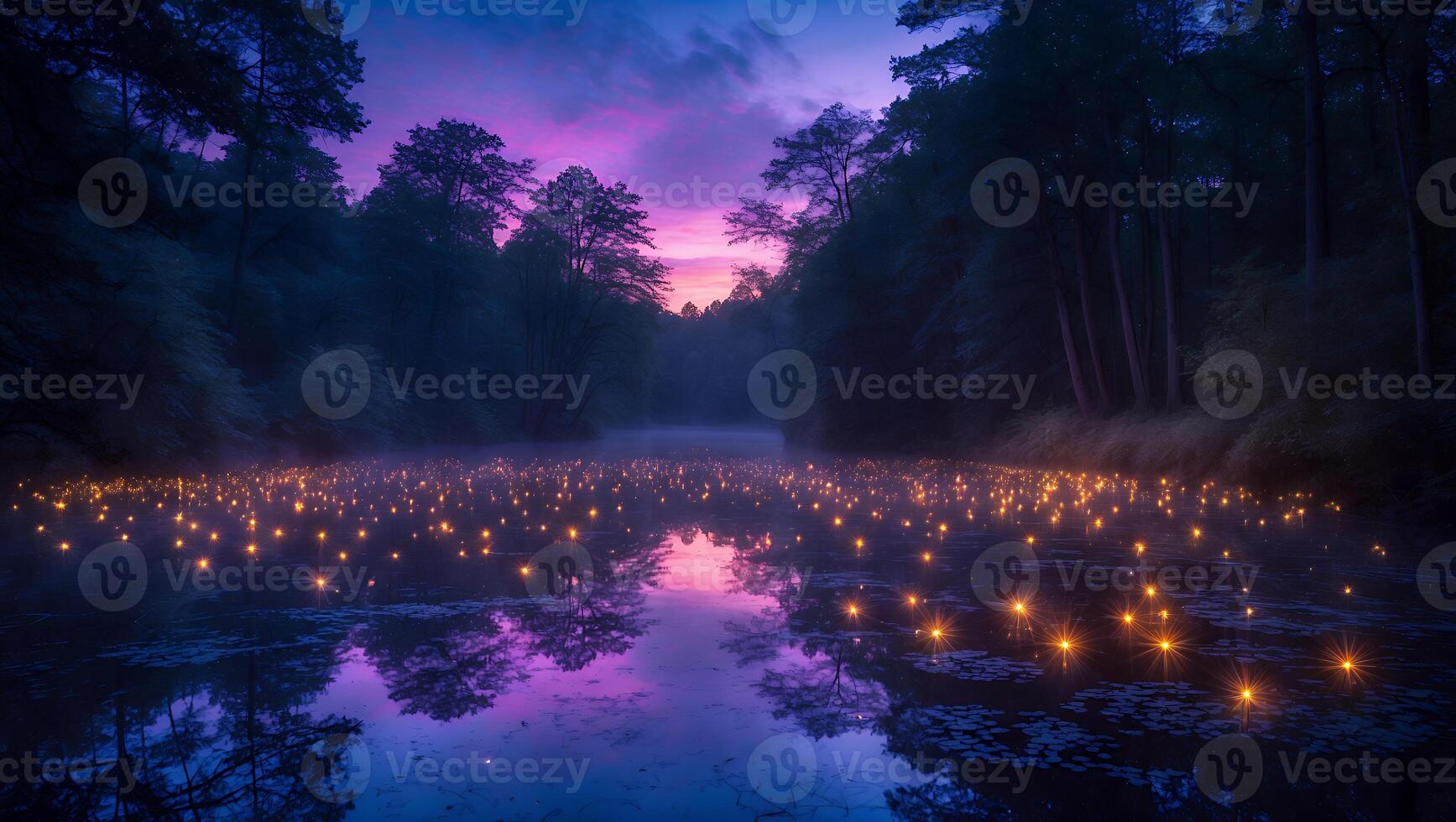 Glowing Lights on Lake at Twilight Surrounded by Forest Trees photo