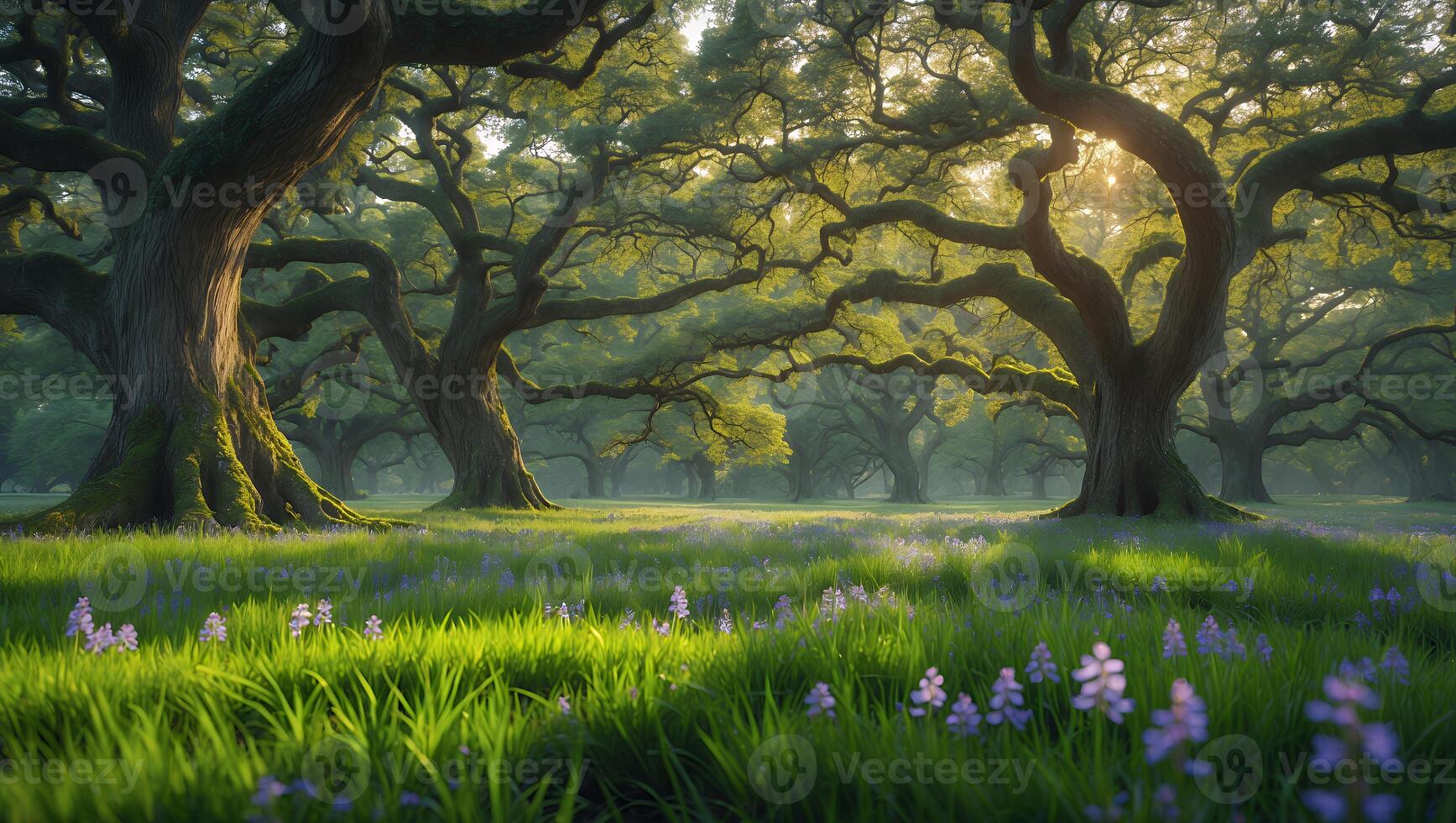 Majestic Trees Stand Tall Over Wildflower Meadow in Forest Scene photo