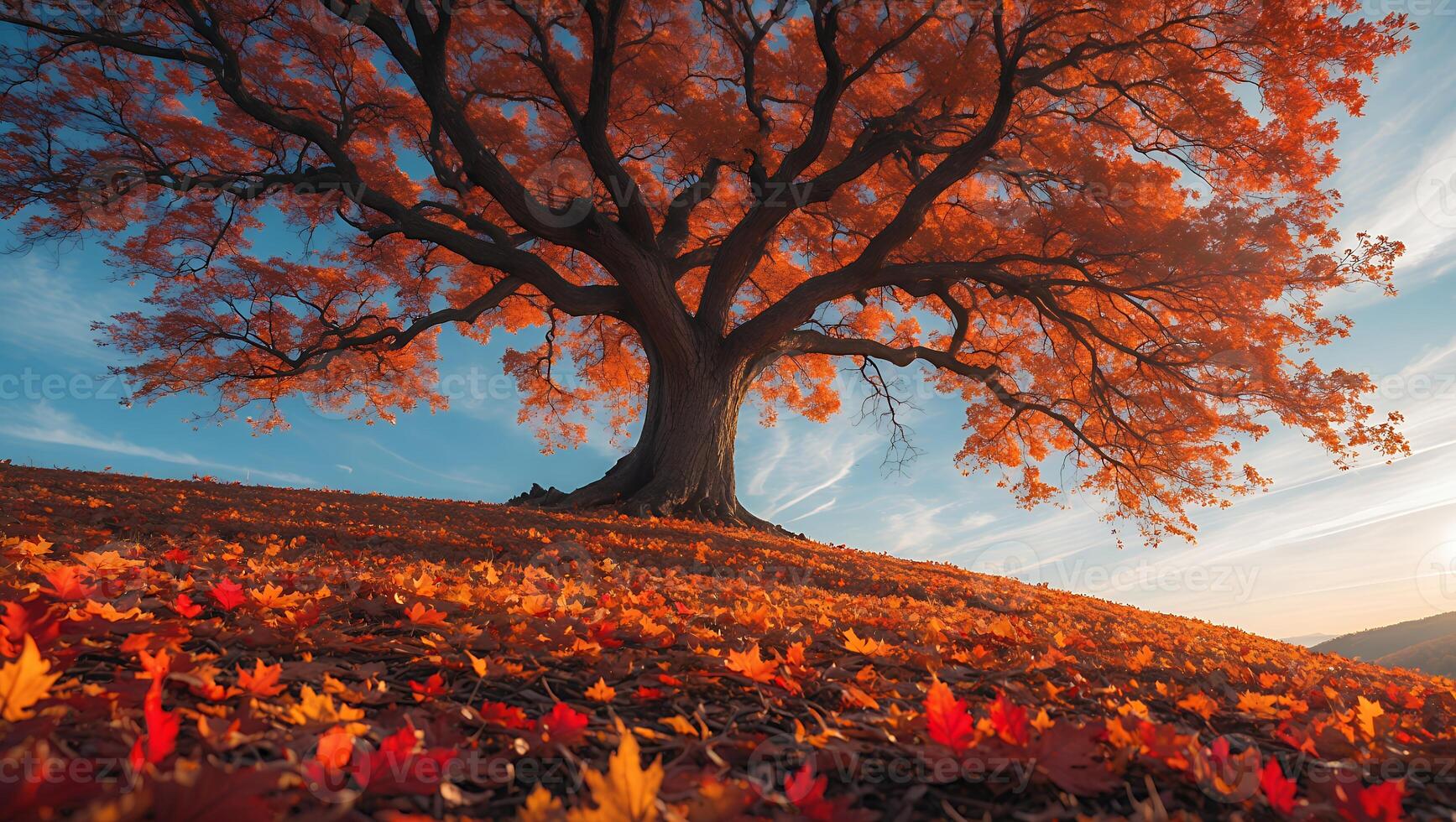 Large Autumn Tree with Colorful Leaves on Hillside Landscape photo