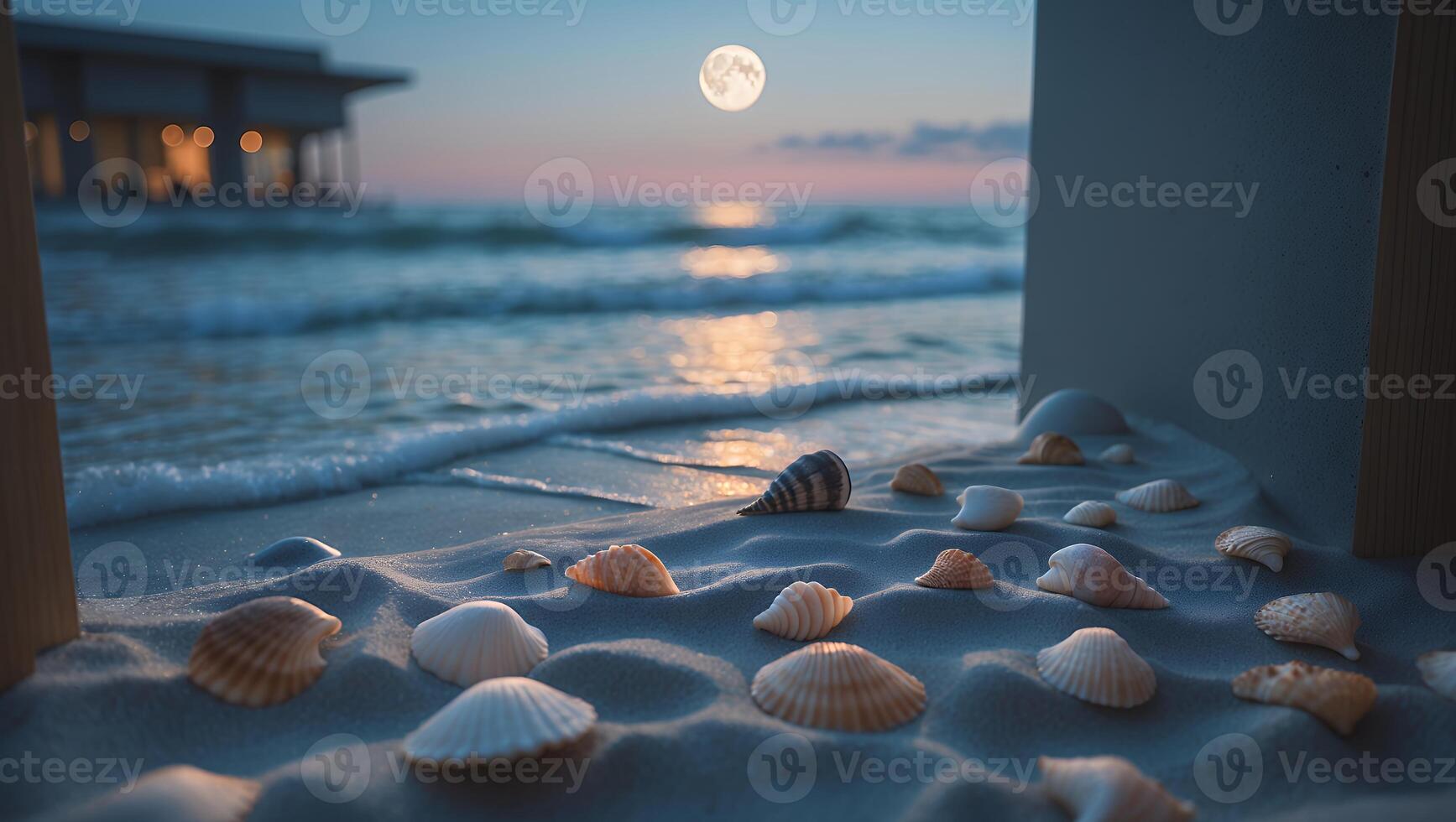 Seashells Scattered on Sand at Peaceful Beach with Ocean Moonlight photo