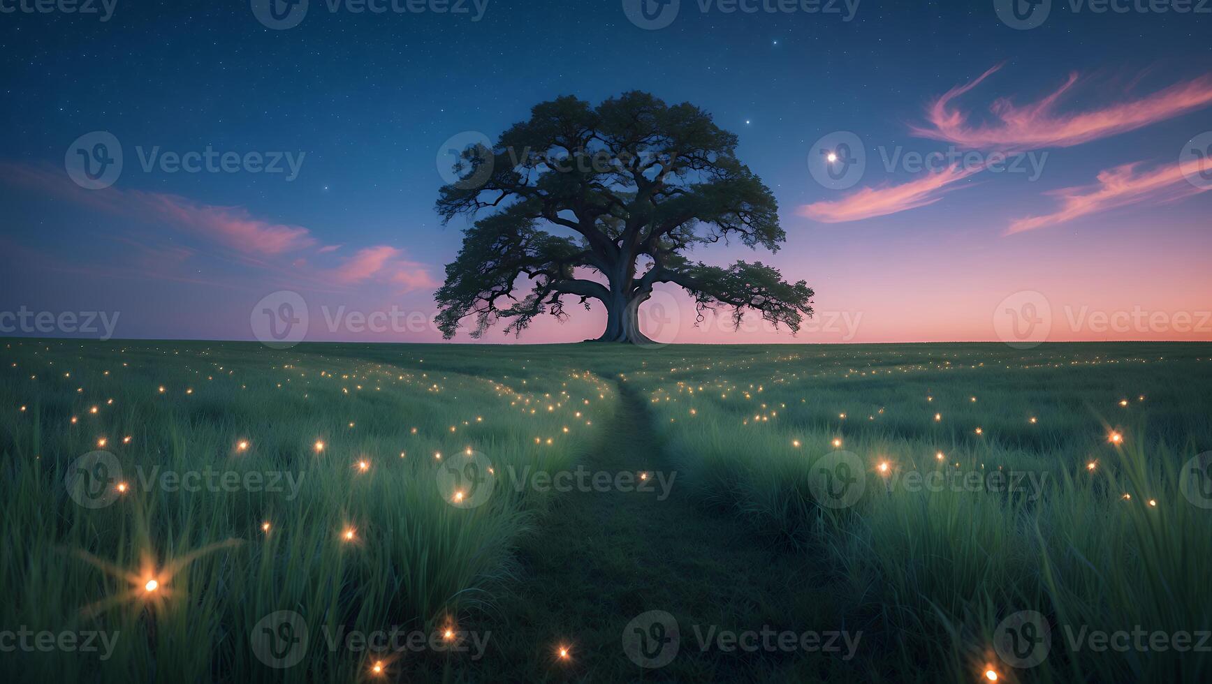 Solitary Tree Standing in Meadow at Twilight with Glowing Lights photo