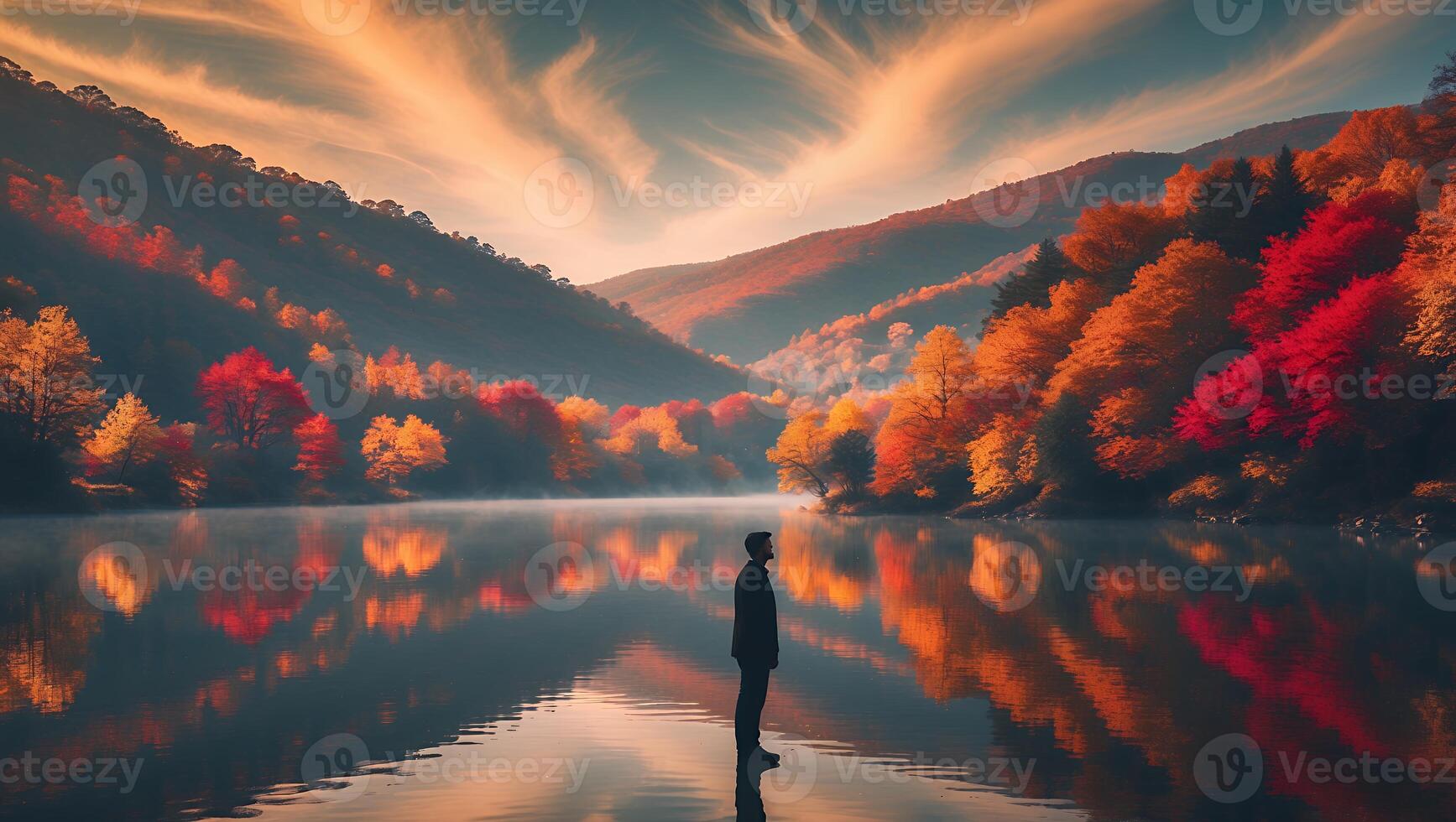 Person Standing by Autumn Lake Enjoying Colorful Mountain View photo
