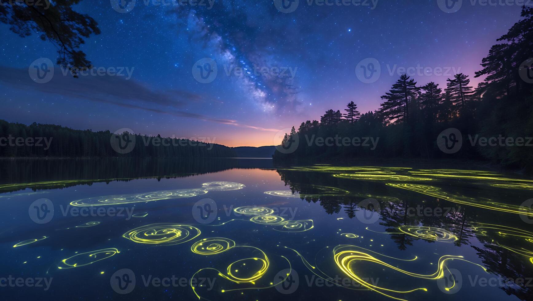 Night Lake with Milky Way and Bioluminescent Algae Trails photo