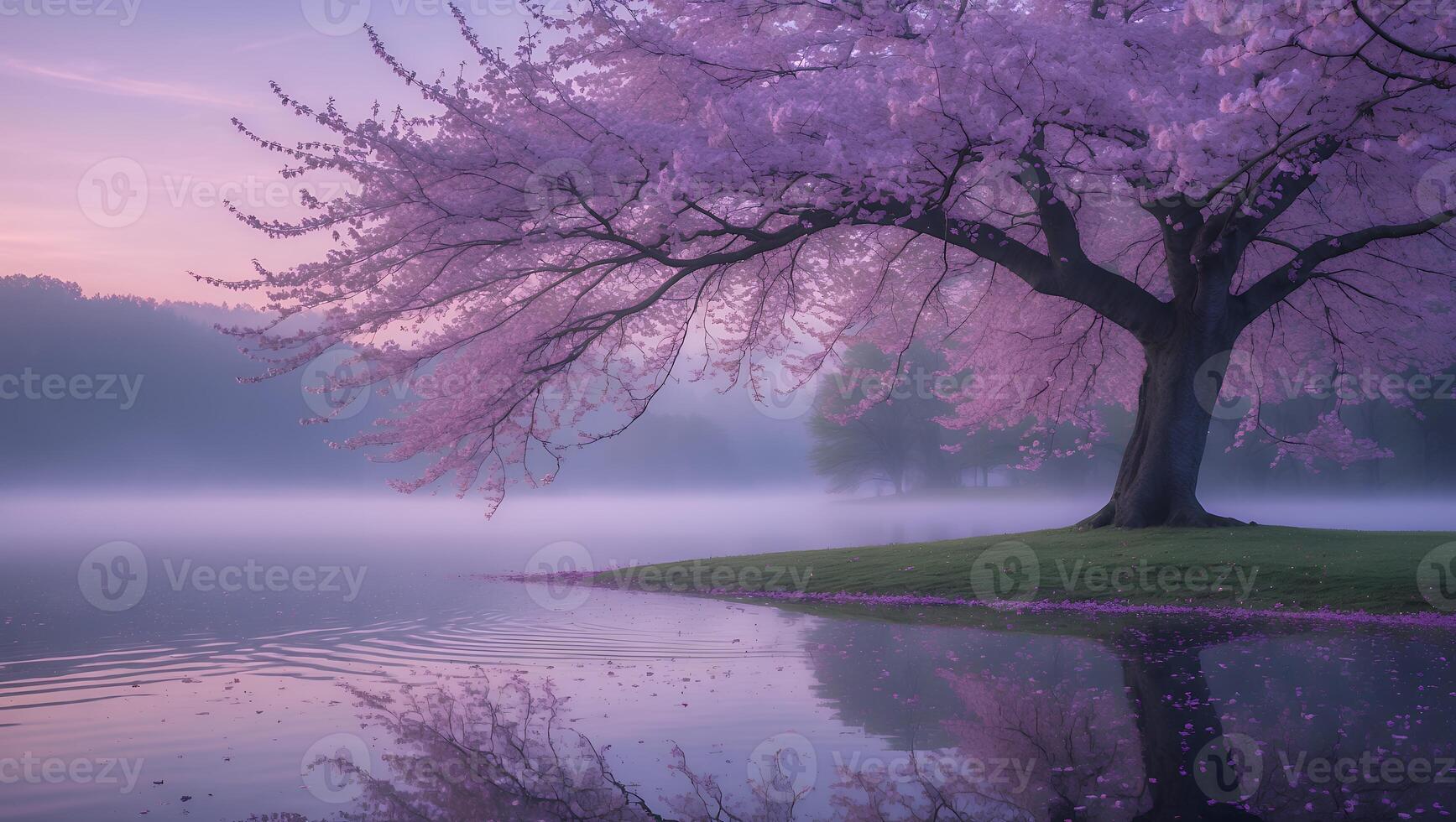 Flowering Tree Reflecting in Lake Water at Dawn with Soft Mist photo