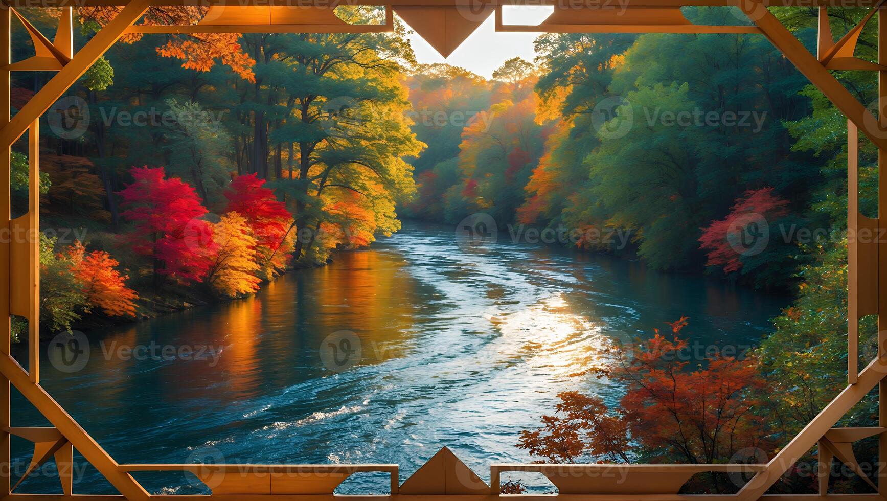 River Flowing Through Autumn Forest Framed by Wooden Structure Outdoors photo