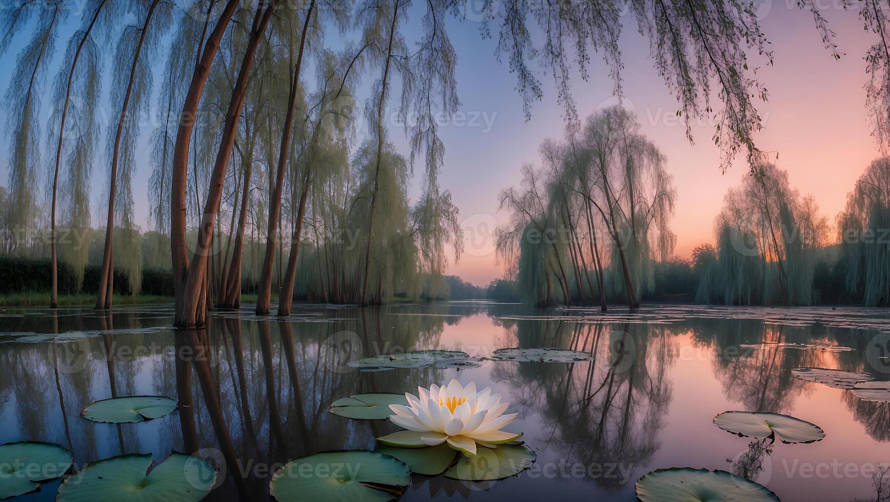 Water Lily Floating on Pond Reflecting Willow Trees at Twilight photo