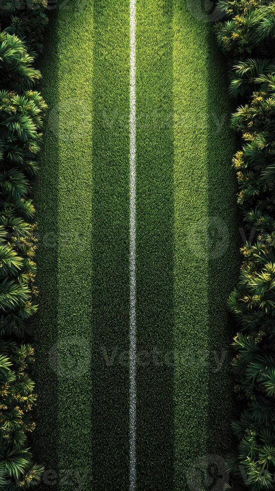 Lush green football field with straight white markings surrounded by vibrant foliage during daylight photo