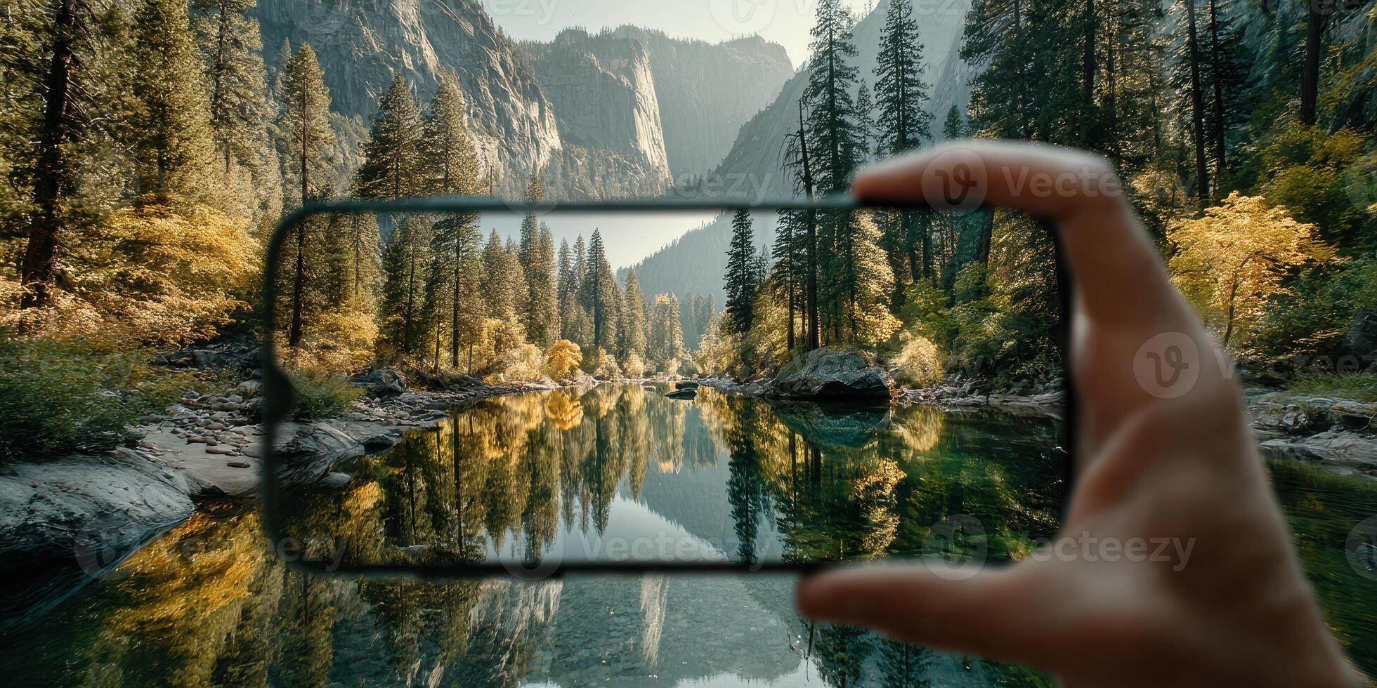 Capturing the serene landscape of a mountain river through a mobile phone in autumn sunlight photo