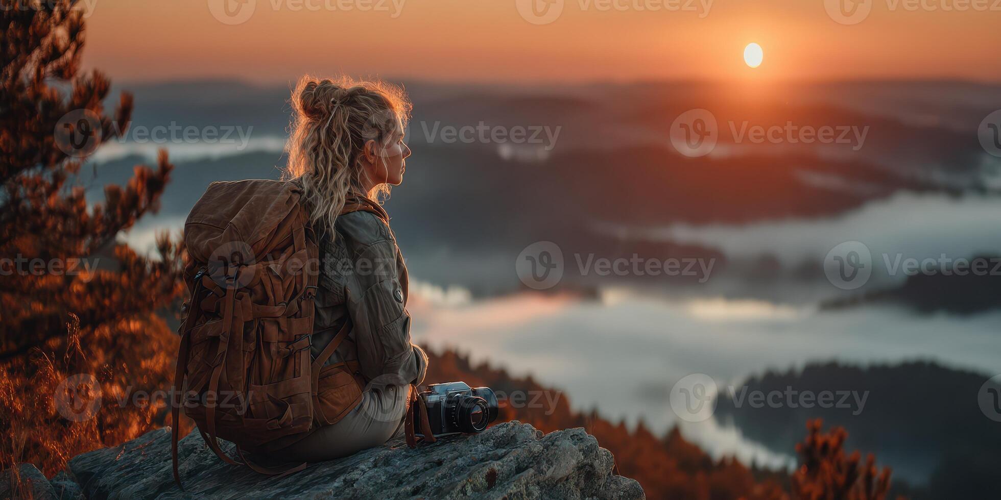 Hiker on a rocky ledge watches the sunrise over misty valleys in a serene outdoor landscape photo