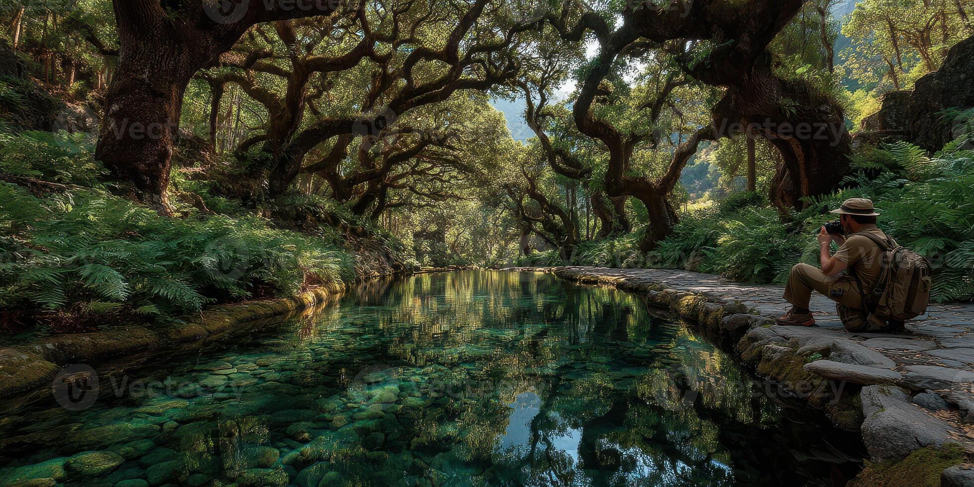 Serene afternoon by the crystal-clear stream surrounded by ancient trees and lush greenery in a tranquil natural setting photo