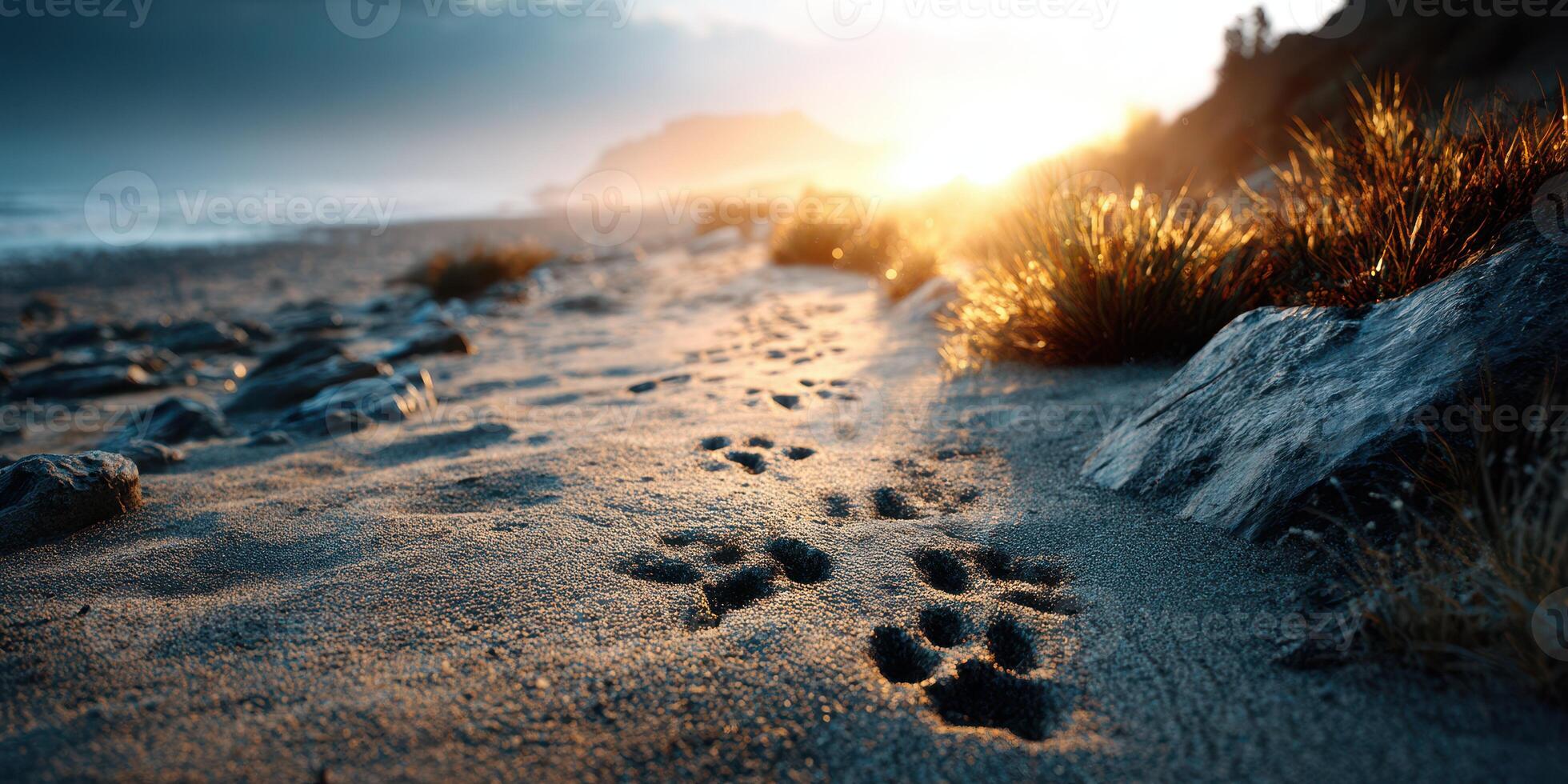 Sunset over ocean waves creates tranquil atmosphere on sandy beach with animal tracks leading toward the horizon photo