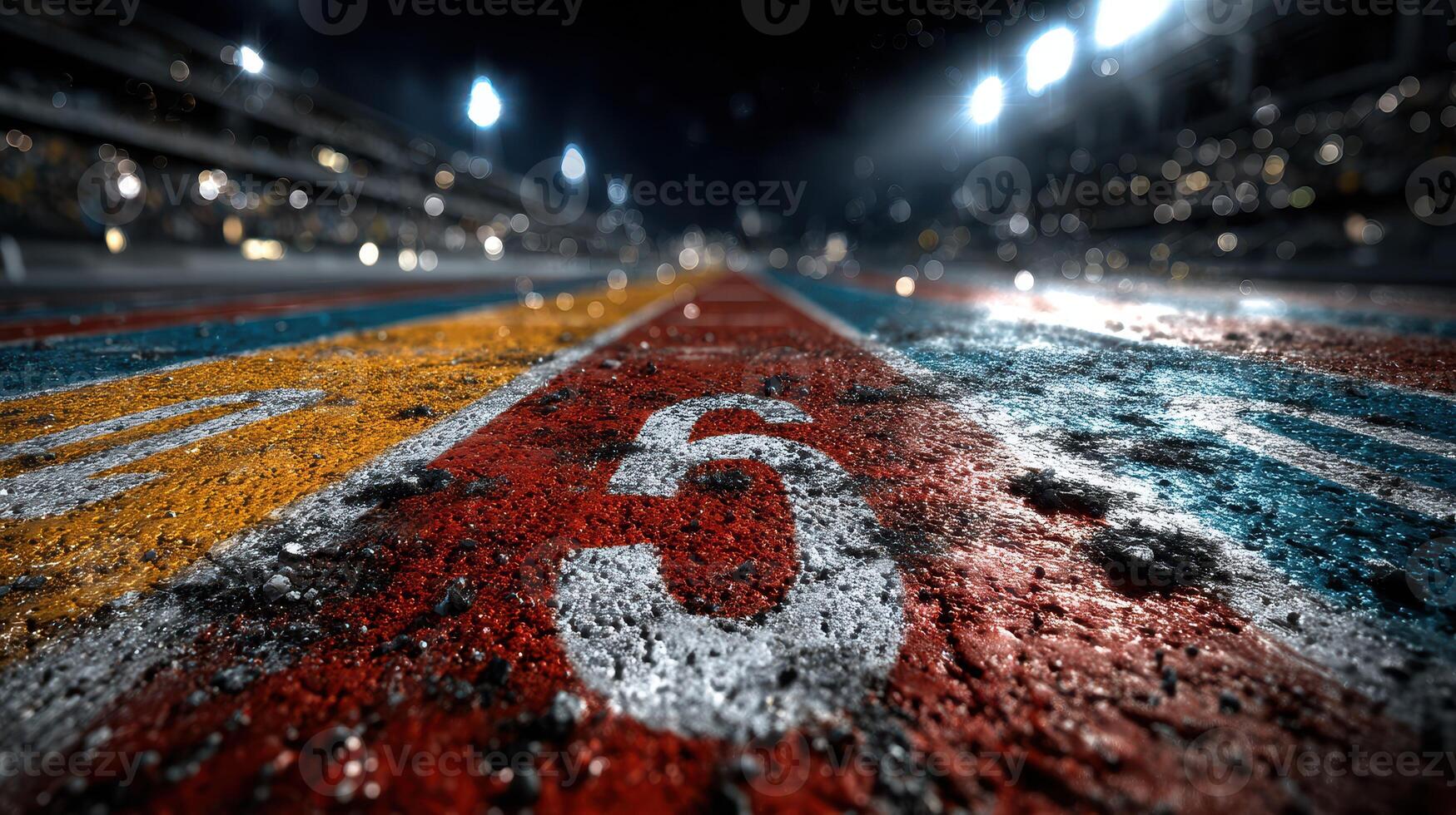 Brightly lit racetrack showing lane markings and texture under night lighting conditions before the race photo