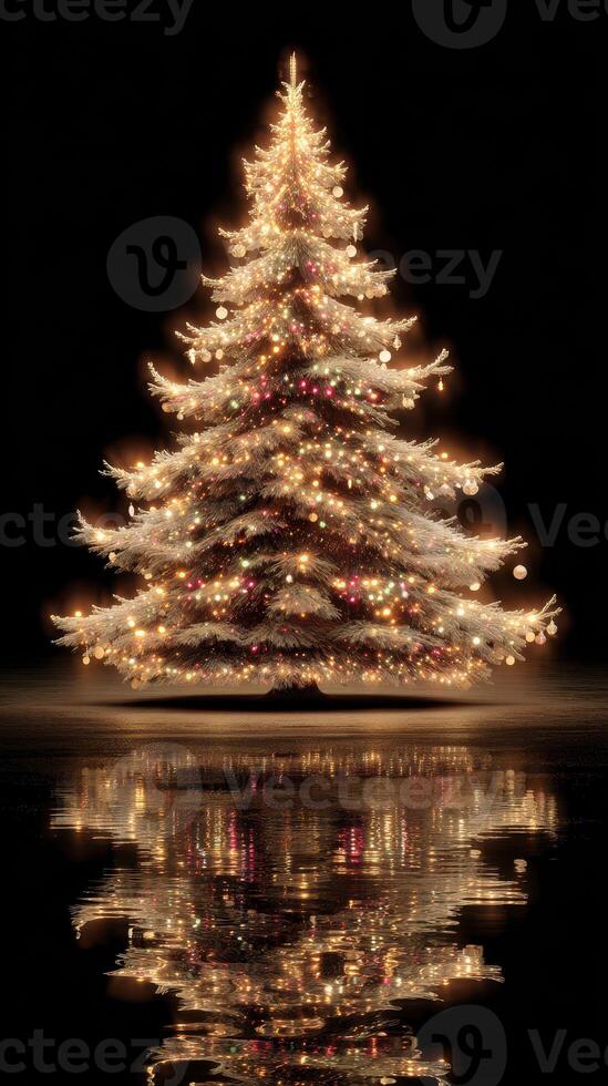 Illuminated Christmas tree with reflection in darkness creating a magical holiday atmosphere in December photo