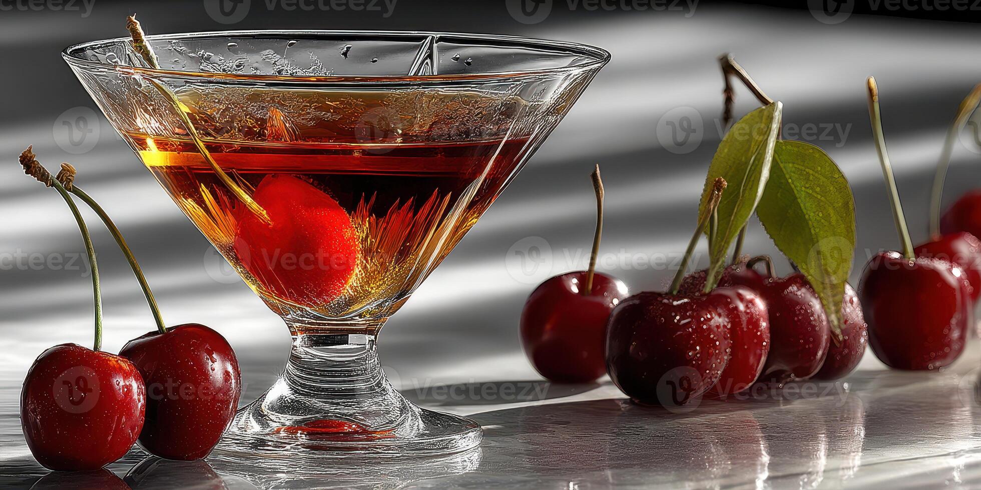 Cherry cocktail served in a glass with fresh cherries beside it on a table with contrasting shadows and highlights photo