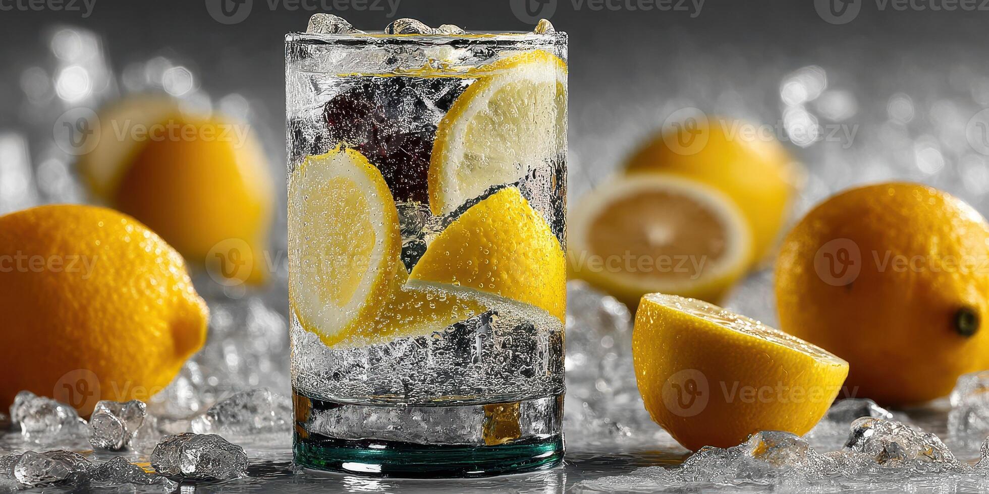 Refreshing drink with lemon slices and ice on a dark background during a summer evening photo