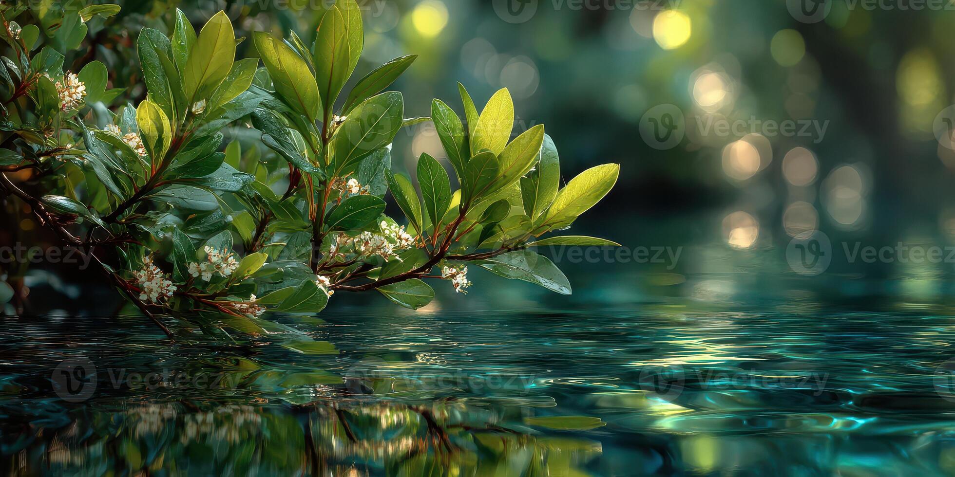Lush green leaves over shimmering water reflect tranquility in a vibrant natural environment photo
