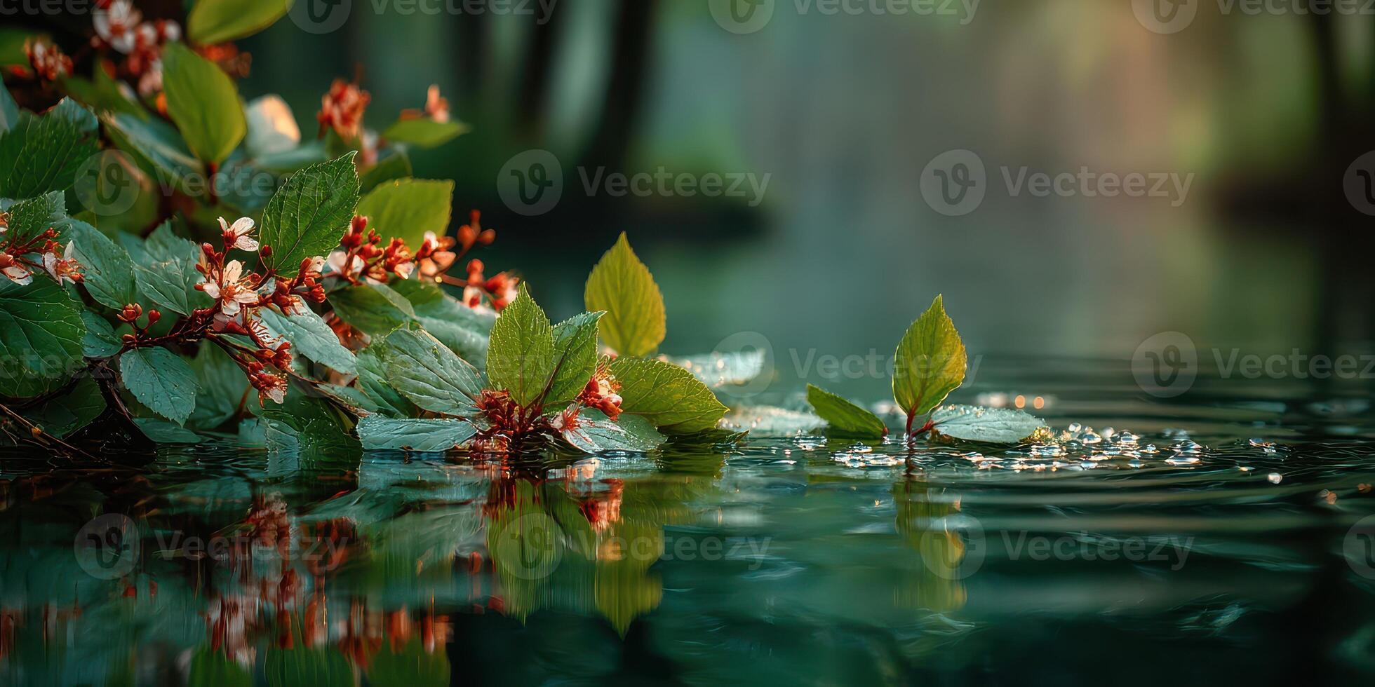 Delightful flowers and vibrant greenery reflected in tranquil waters during early morning light photo