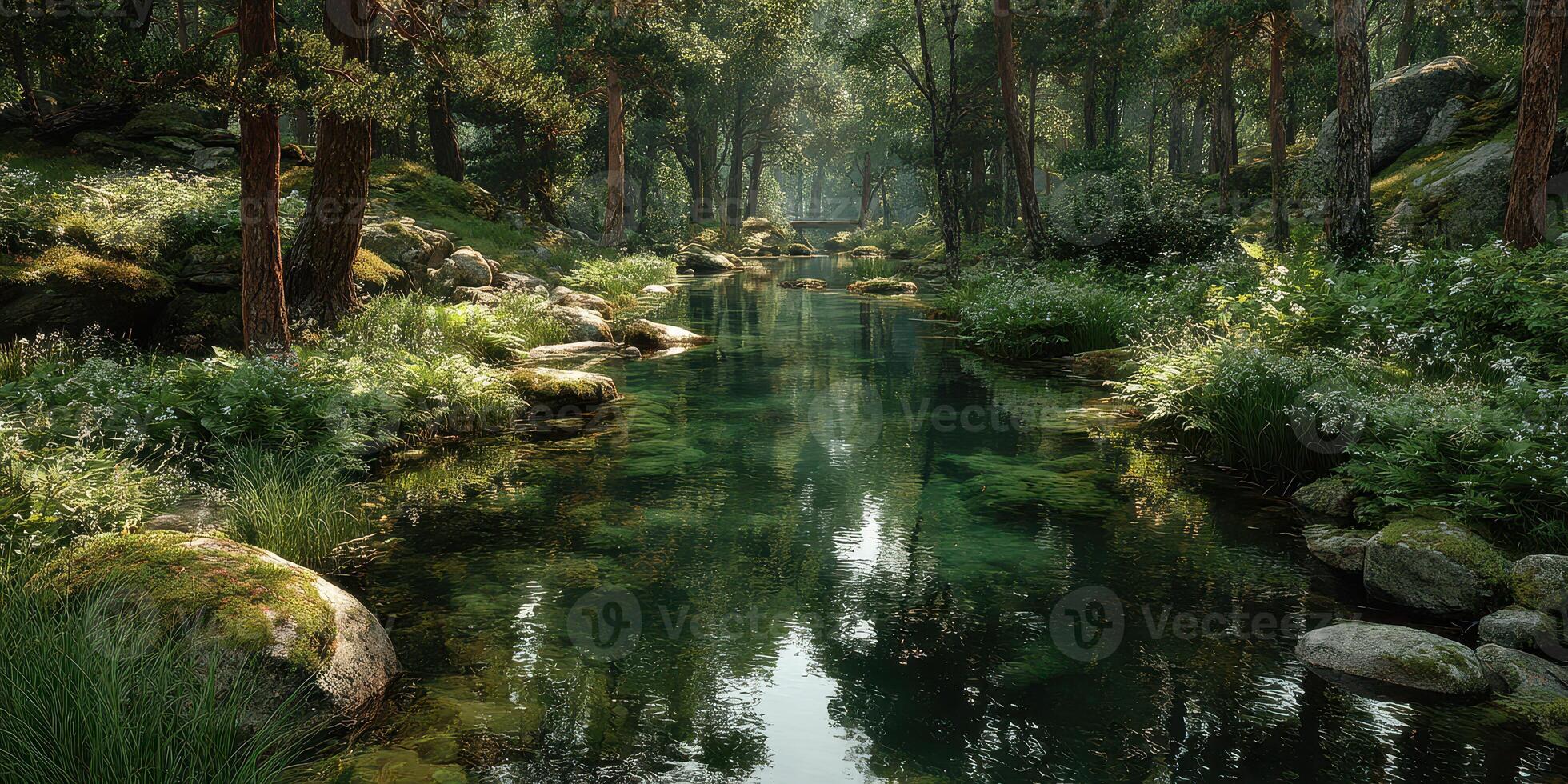 Lush forest landscape with a serene river flowing quietly through green foliage during the late afternoon photo