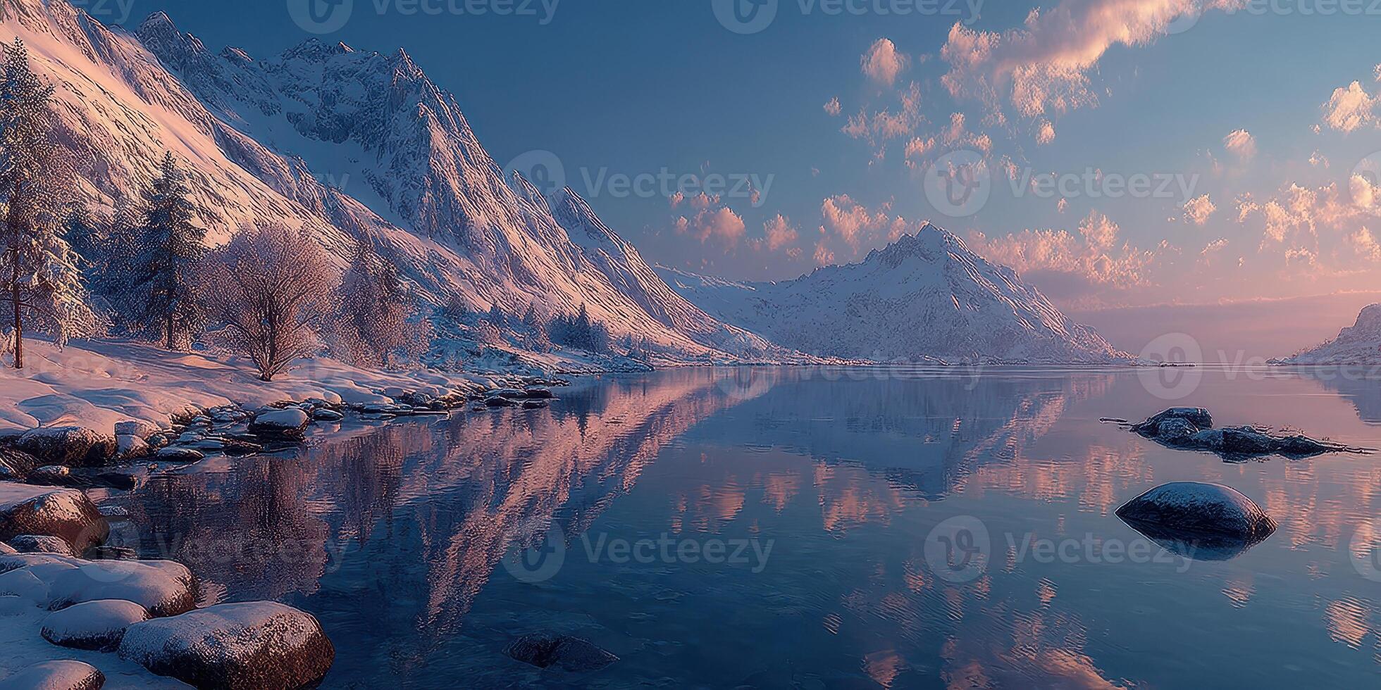 Scenic winter landscape with snow-covered mountains and calm lake at dusk in a tranquil setting photo