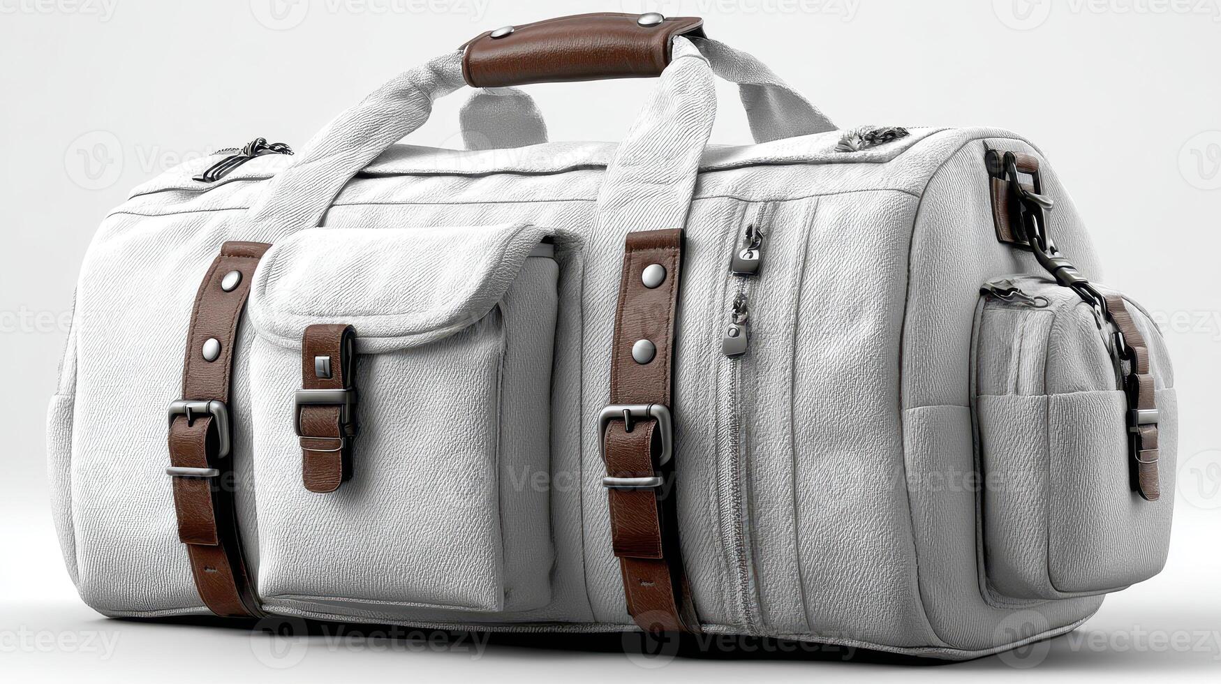 Stylish travel bag with brown leather accents perfect for weekend getaways and outdoor adventures photo