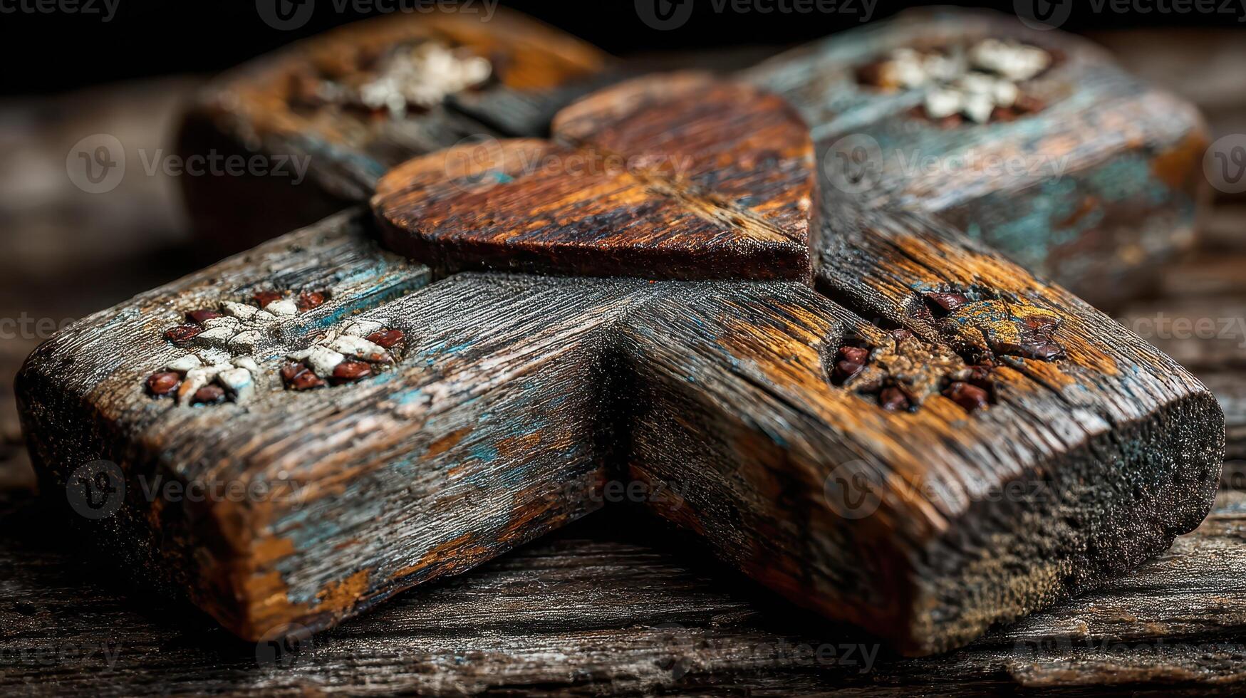 Wooden heart cross resting on a textured surface with intricate detailing and weathered charm photo