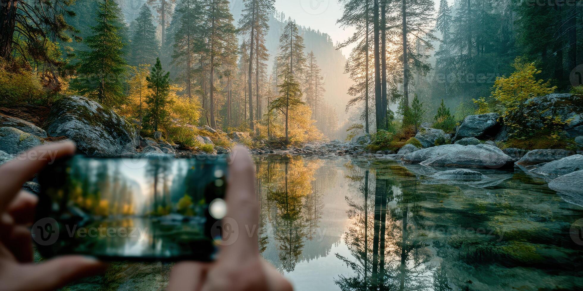 Capturing a serene forest reflection at dawn near a tranquil river in a beautiful natural setting photo