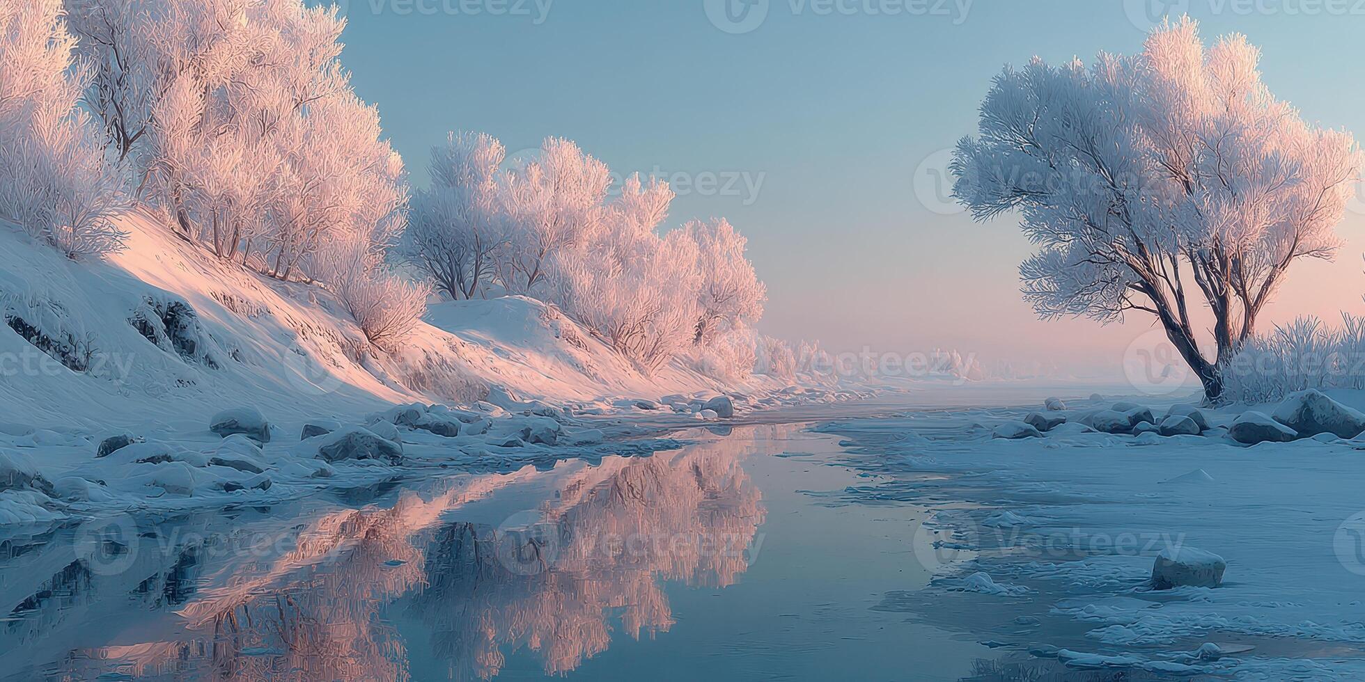 Snow-covered landscape with frost-laden trees reflecting in calm water during early morning light photo