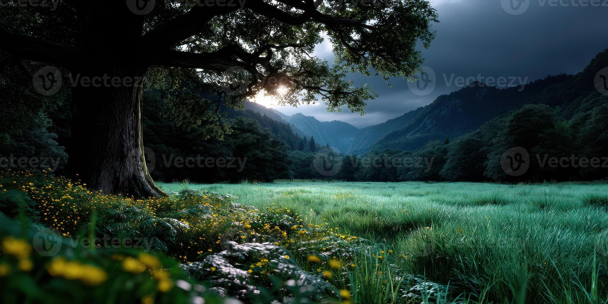 Dramatic twilight in a lush meadow surrounded by mountains and trees photo
