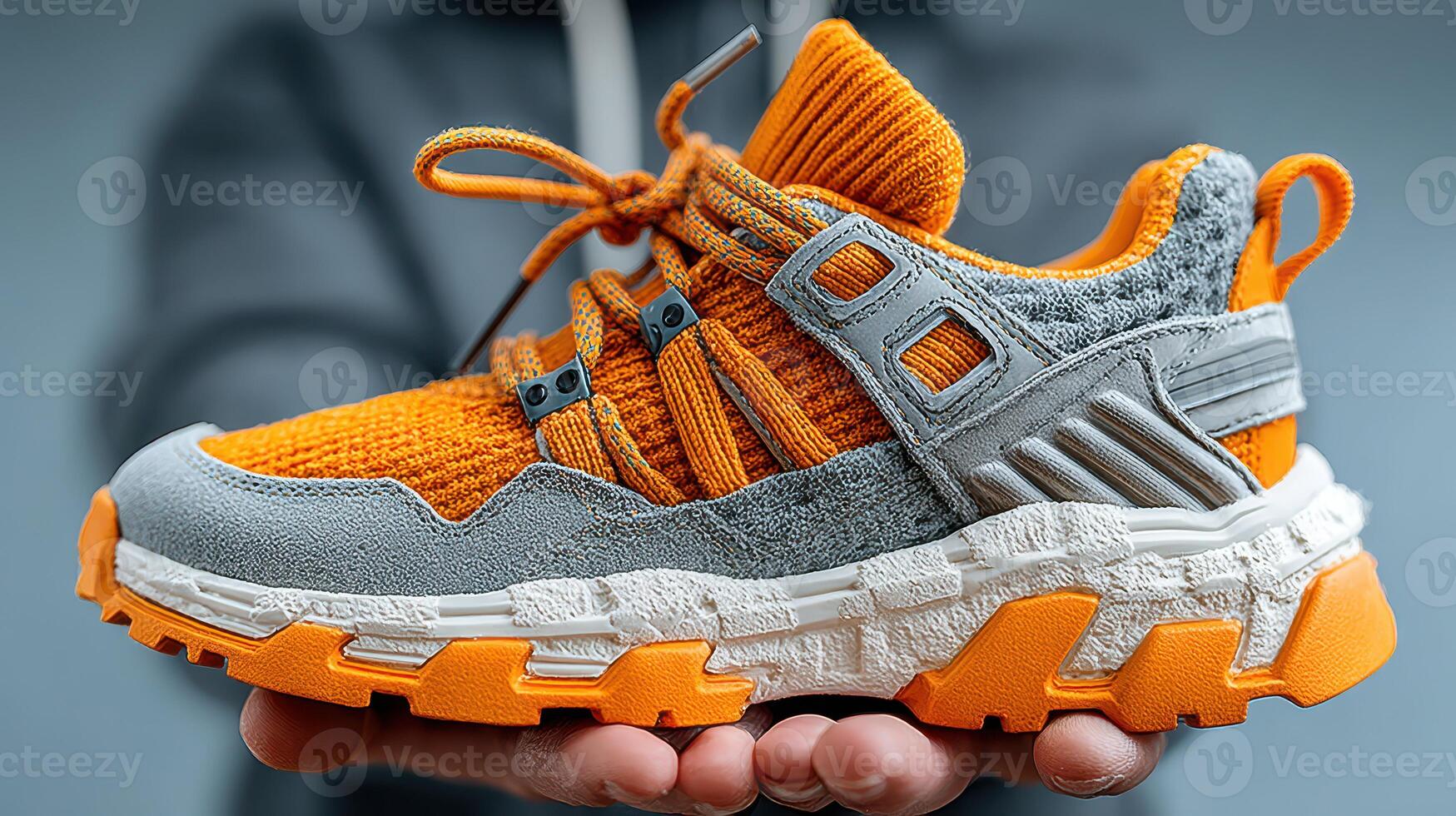 Unique orange and gray athletic shoe displayed in a hand against a blurred background photo