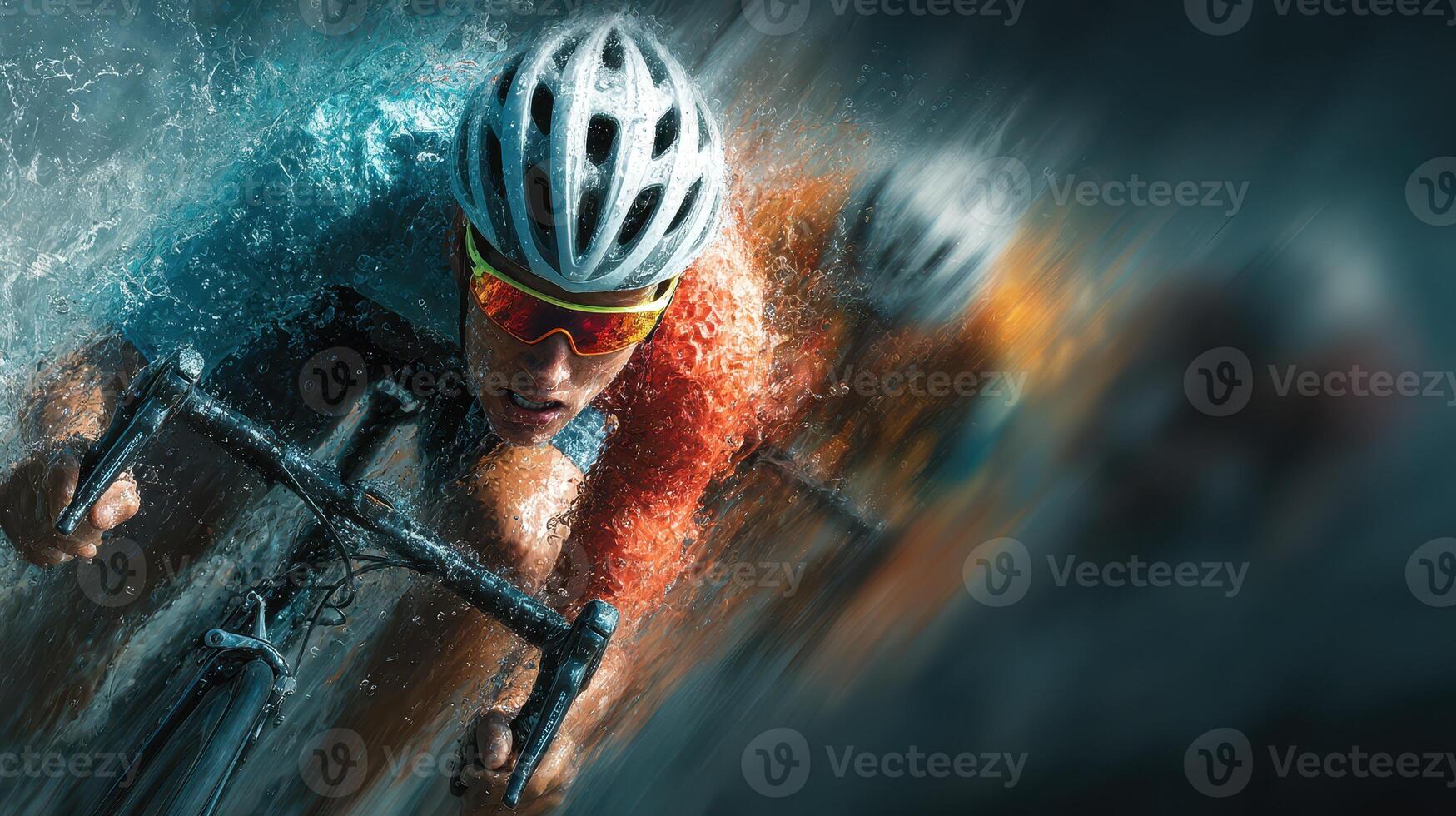 Cyclists compete fiercely in rain during a challenging race on a wet road photo