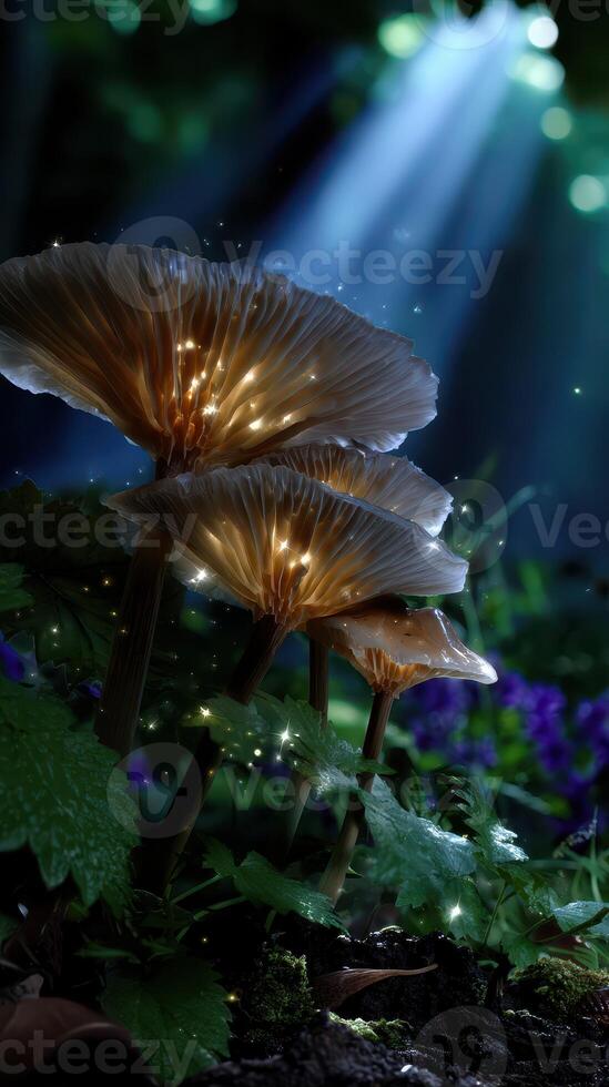 Mushrooms glow under soft rays of light in a lush forest setting during twilight photo