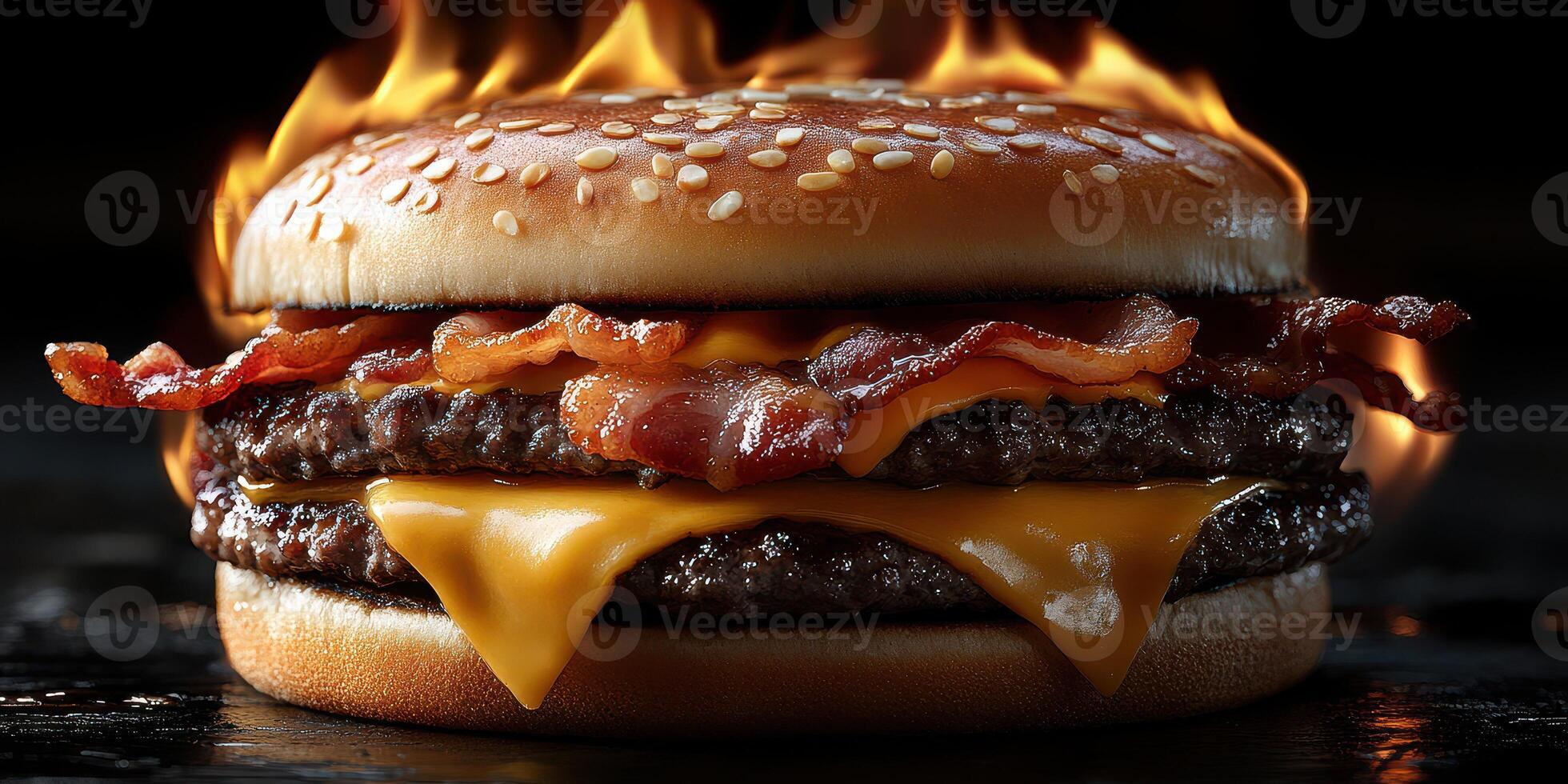 Juicy double cheeseburger with crispy bacon and melted cheese over open flames in a dark setting photo